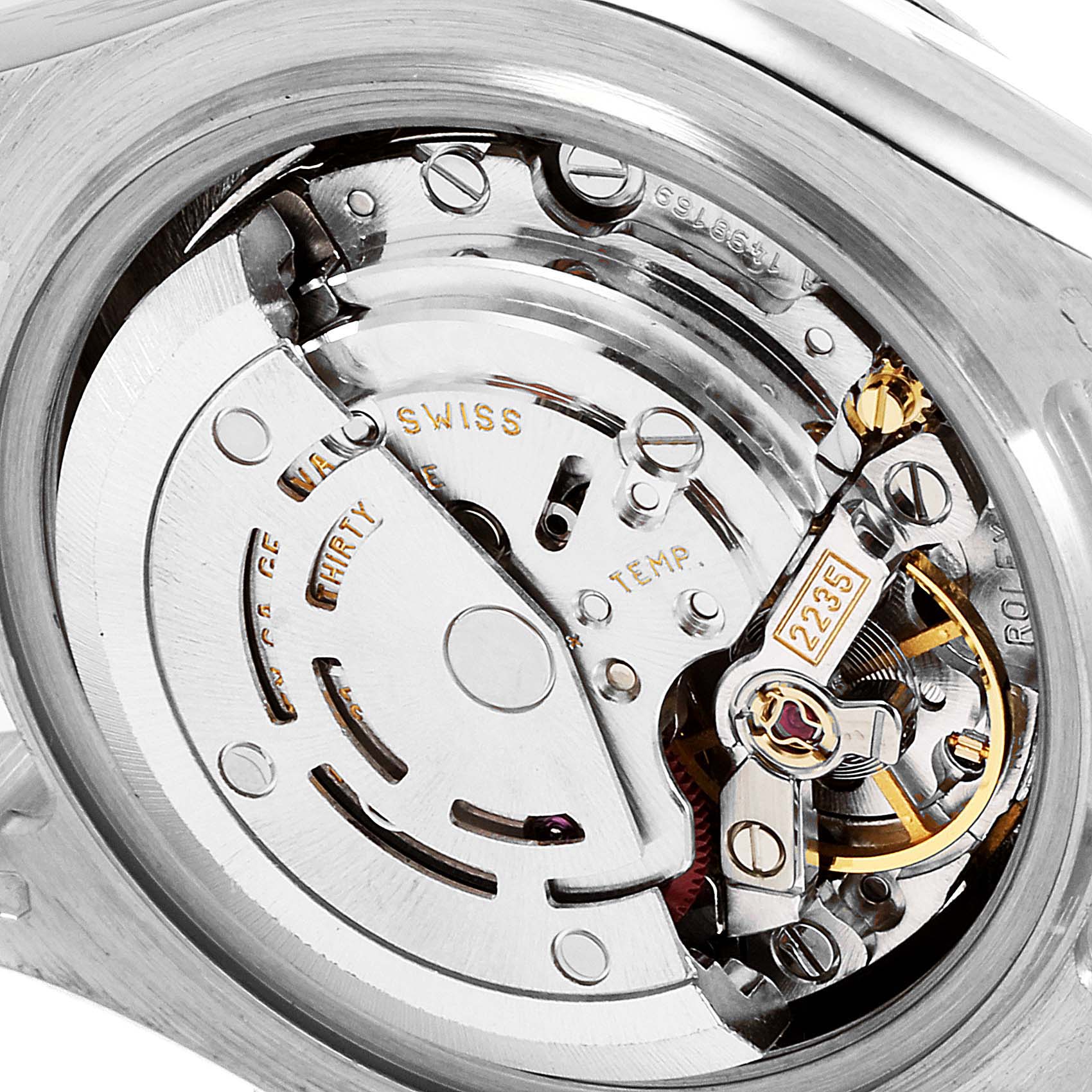 This image shows a close-up of the inner mechanics and movement of the Rolex Pearlmaster 80319 Women's White Gold Mother of Pearl Dial 80319 Women's White Gold Mother of Pearl Dial watch.