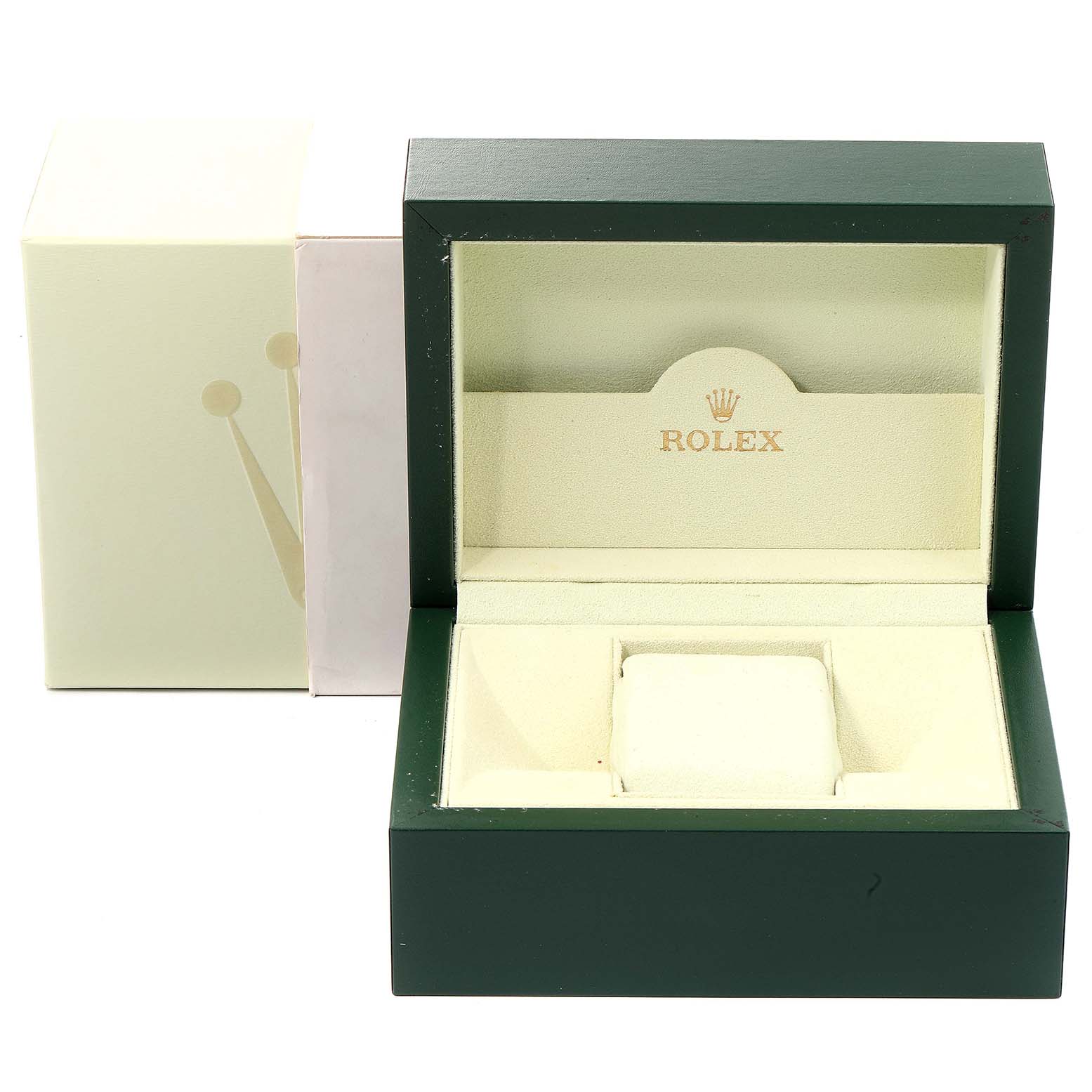 The image shows an open Rolex Pearlmaster 80319 Women's White Gold Mother of Pearl Dial 80319 Women's White Gold Mother of Pearl Dial watch box with its outer packaging.