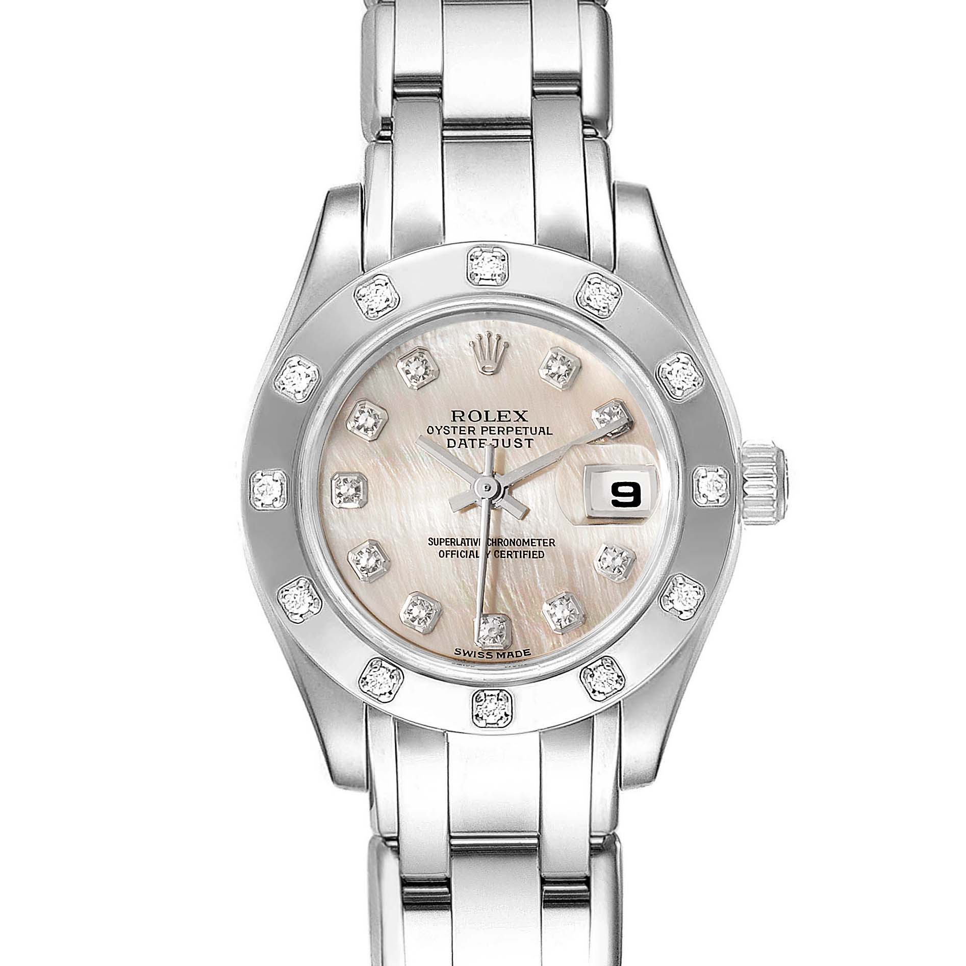 This image shows a front view of a Rolex Pearlmaster 80319 Women's White Gold Mother of Pearl Dial 80319 Women's White Gold Mother of Pearl Dial watch, highlighting the bezel, dial, date window, and bracelet.