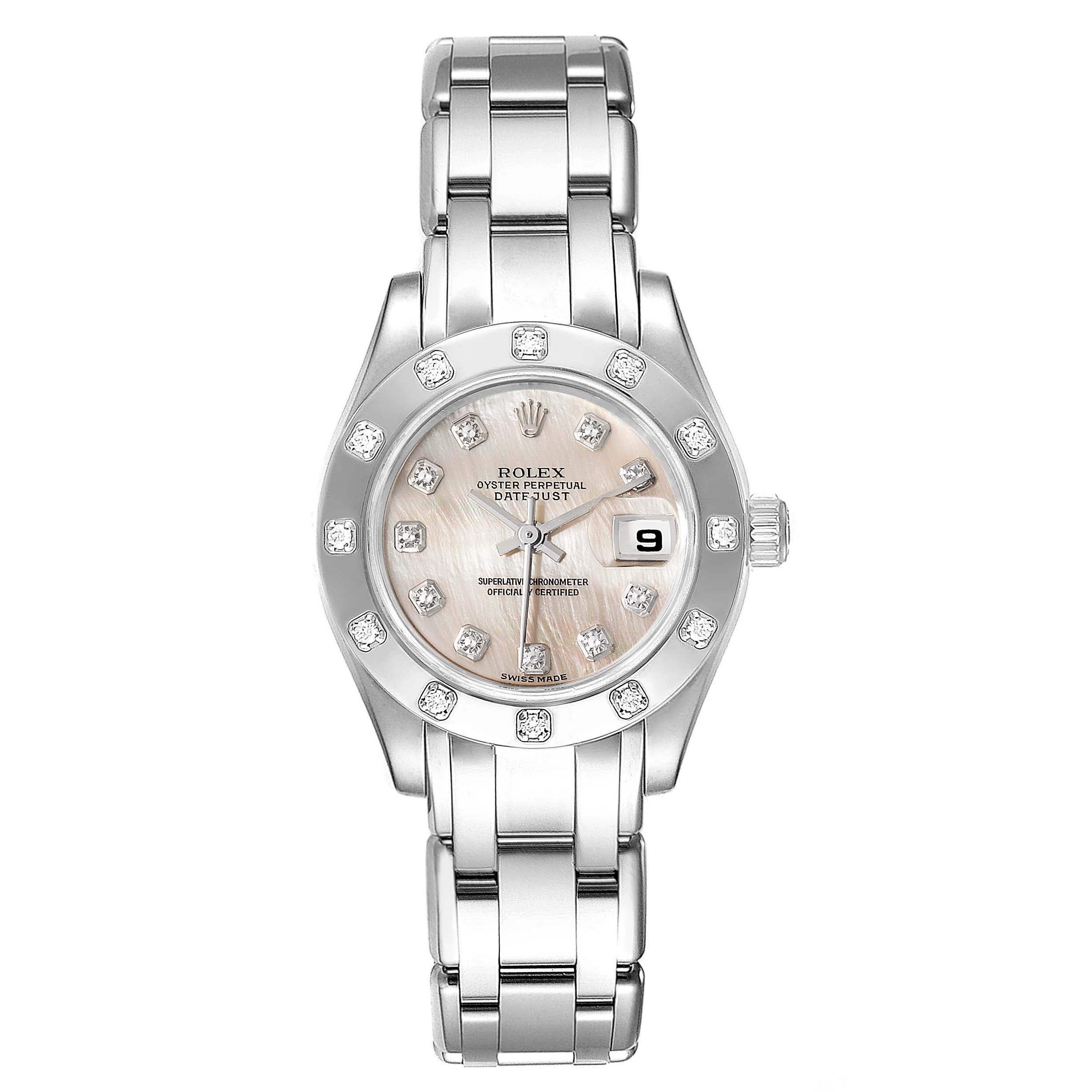 The image shows a front view of a Rolex Pearlmaster 80319 Women's White Gold Mother of Pearl Dial 80319 Women's White Gold Mother of Pearl Dial watch, highlighting the dial, bezel, and bracelet.