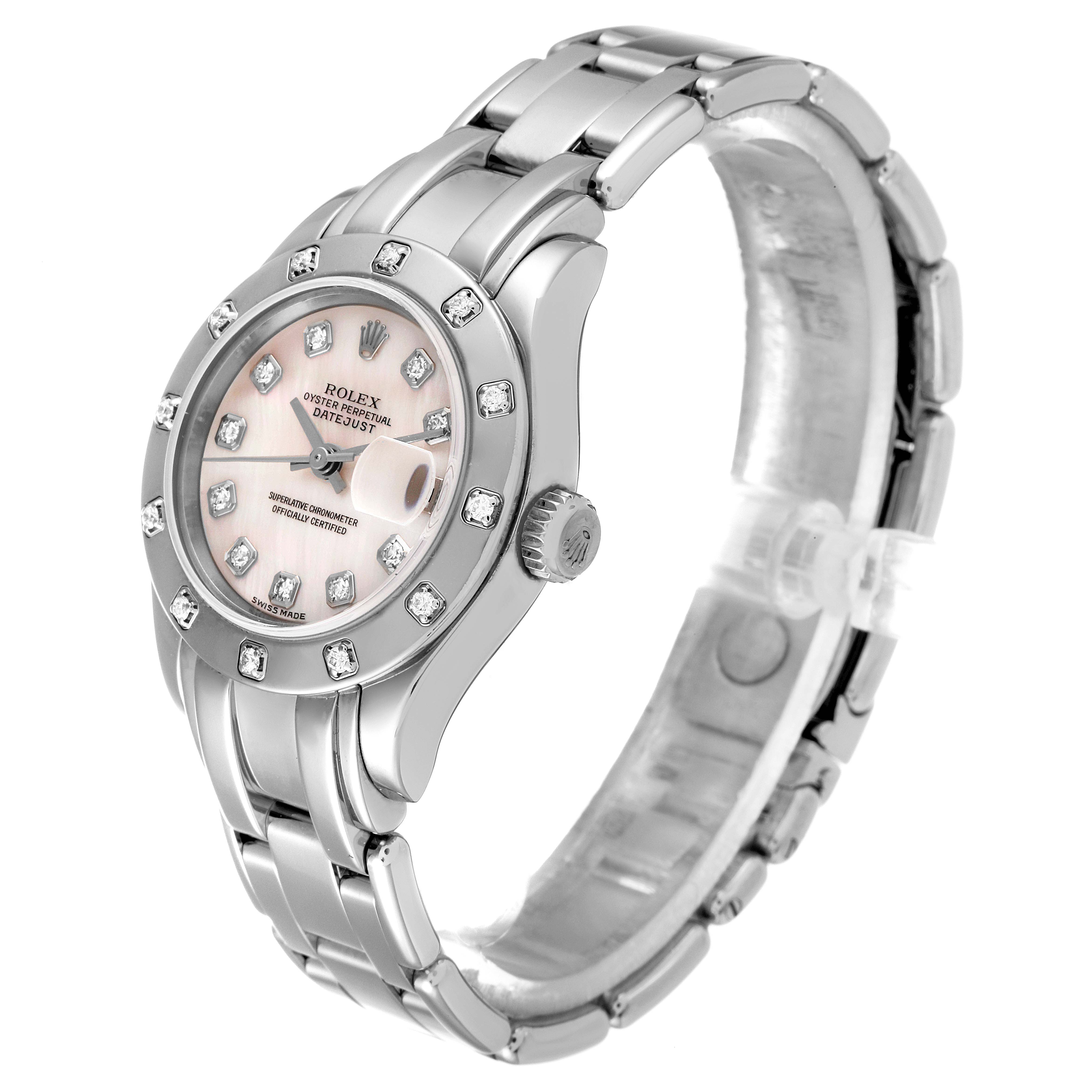 The Rolex Pearlmaster 80319 Women's White Gold Mother of Pearl Dial 80319 Women's White Gold Mother of Pearl Dial watch is shown from an oblique angle, displaying its face, bezel, and bracelet.