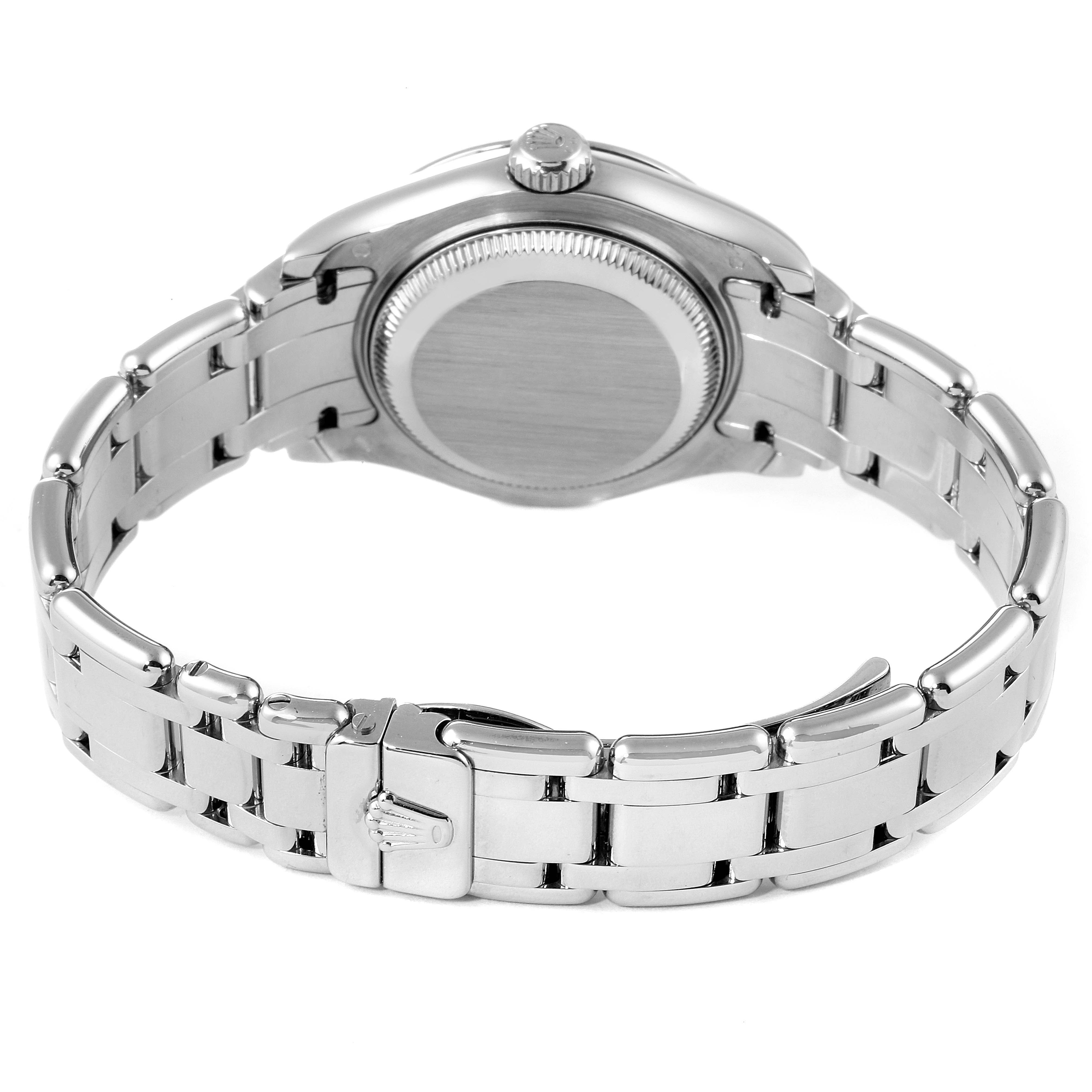 The image shows the back and the bracelet clasp of a Rolex Pearlmaster 80319 Women's White Gold Mother of Pearl Dial 80319 Women's White Gold Mother of Pearl Dial watch from a rear angle.