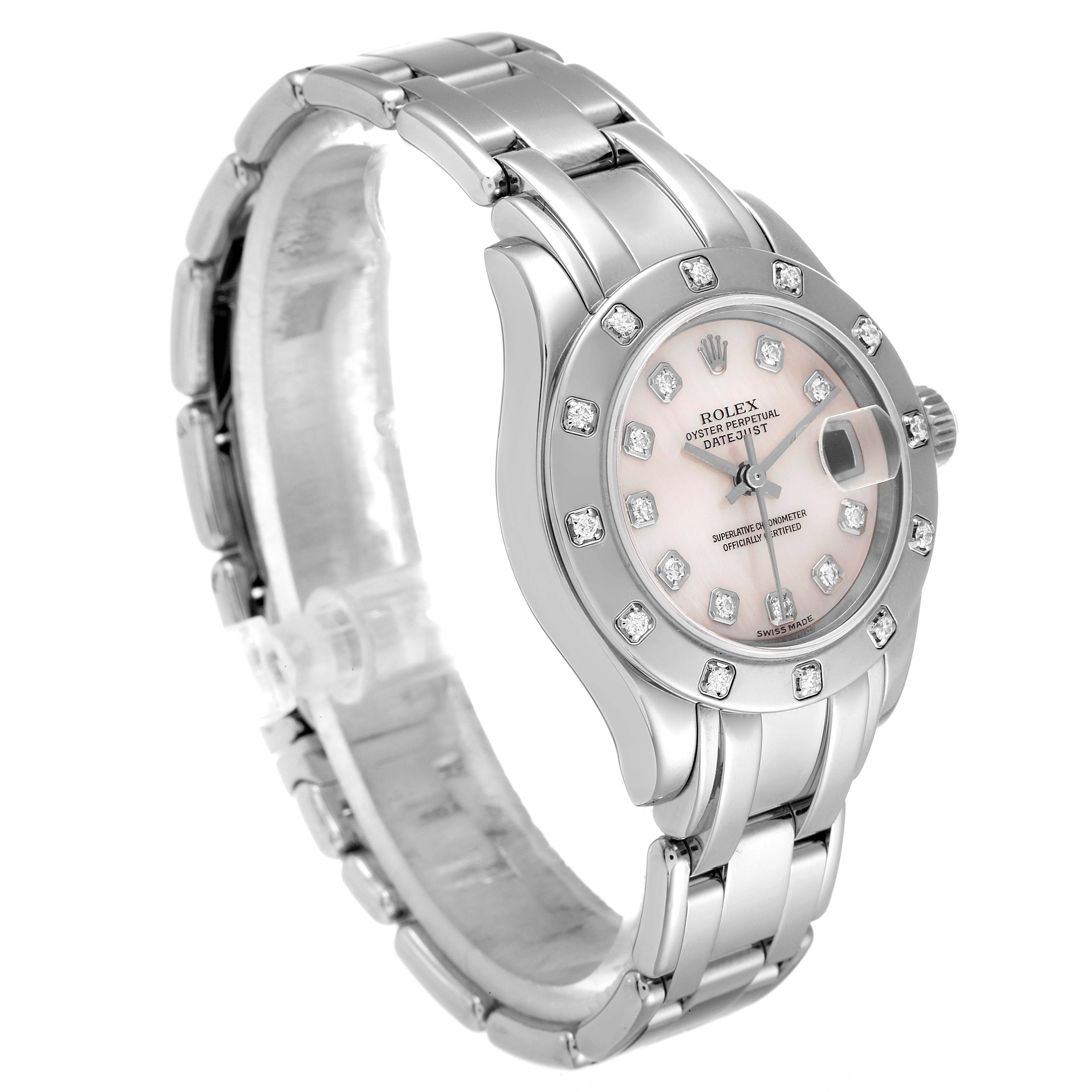 The image shows a Rolex Pearlmaster 80319 Women's White Gold Mother of Pearl Dial 80319 Women's White Gold Mother of Pearl Dial watch at a three-quarter angle highlighting its bracelet, dial, and diamond-studded bezel.