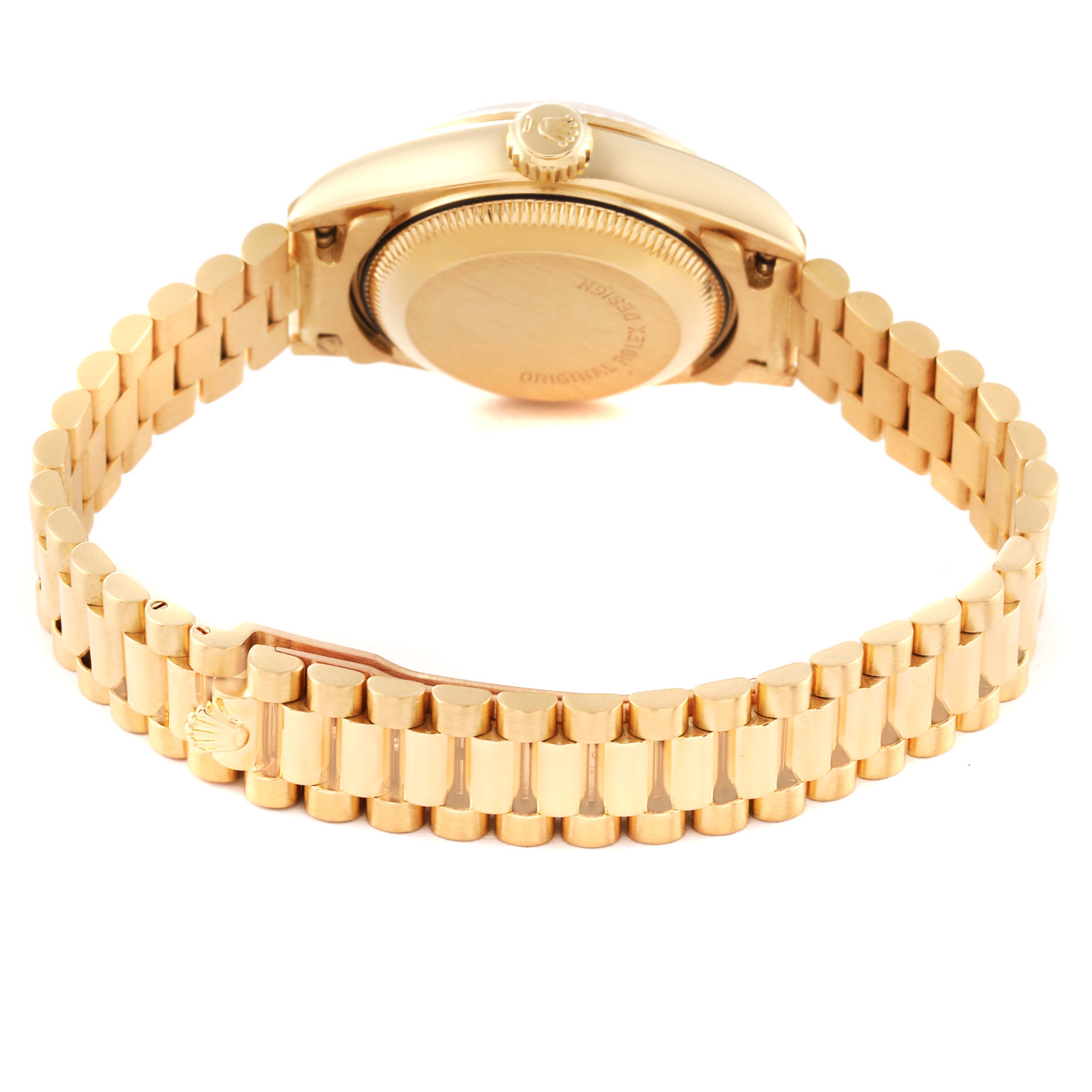 The image shows the back view and bracelet of the Rolex President 69178 Women
s Yellow Gold Champagne Dial 69178 Women
s Yellow Gold Champagne Dial model watch.