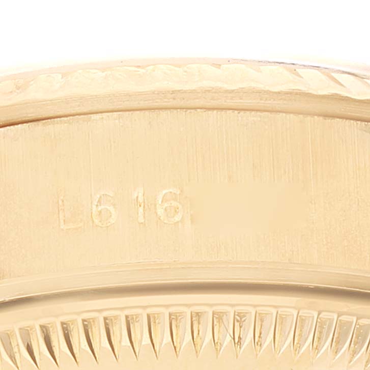 This image shows a close-up of the case side and part of the bezel of a Rolex President 69178 Women
s Yellow Gold Champagne Dial 69178 Women
s Yellow Gold Champagne Dial model watch.