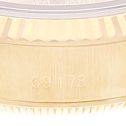 The image shows a close-up of the case side and bezel of the Rolex President 69178 Women
s Yellow Gold Champagne Dial 69178 Women
s Yellow Gold Champagne Dial model, displaying the reference number 69178.