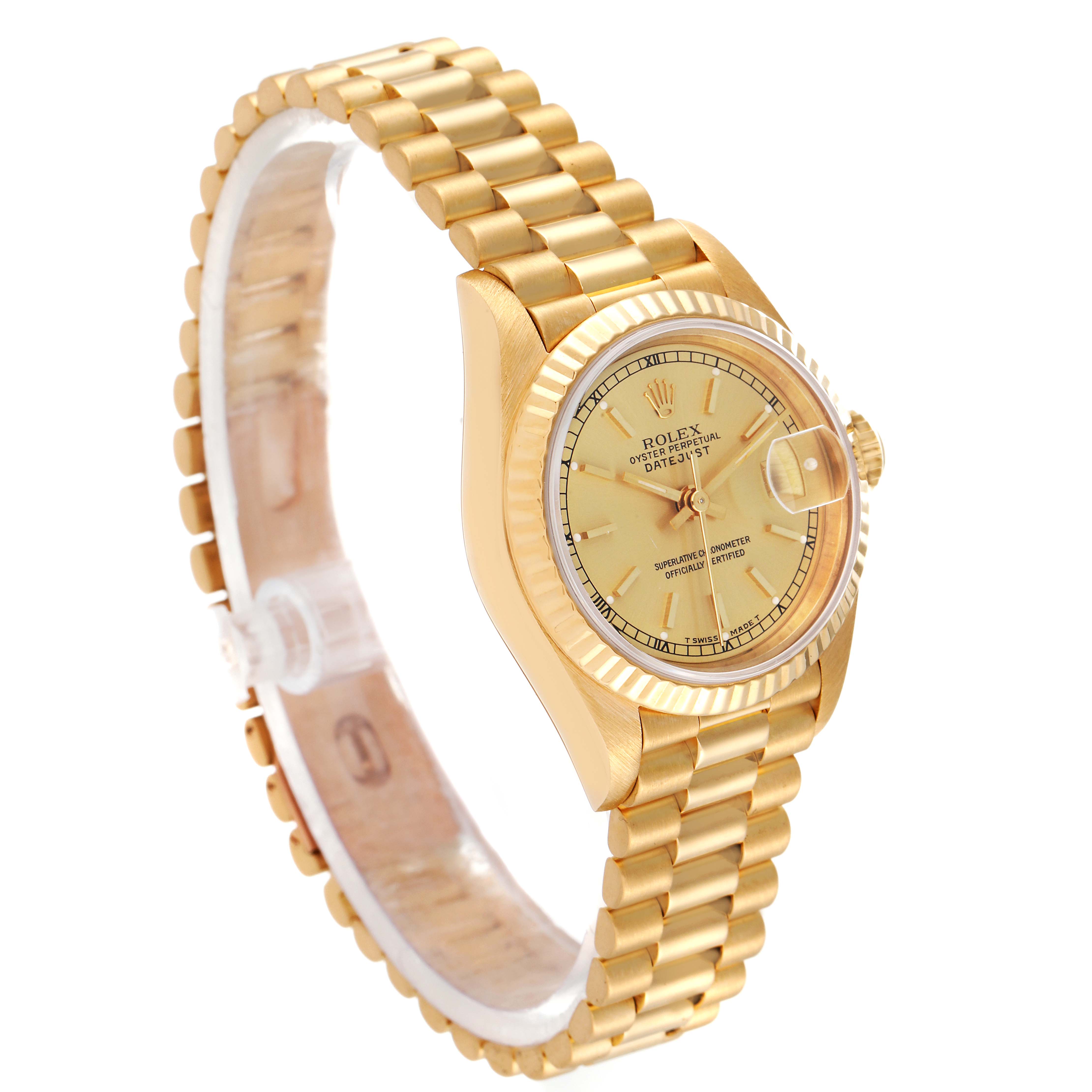 This image shows a side angle of the Rolex President 69178 Women
s Yellow Gold Champagne Dial 69178 Women
s Yellow Gold Champagne Dial model watch, focusing on the dial, case, and bracelet.