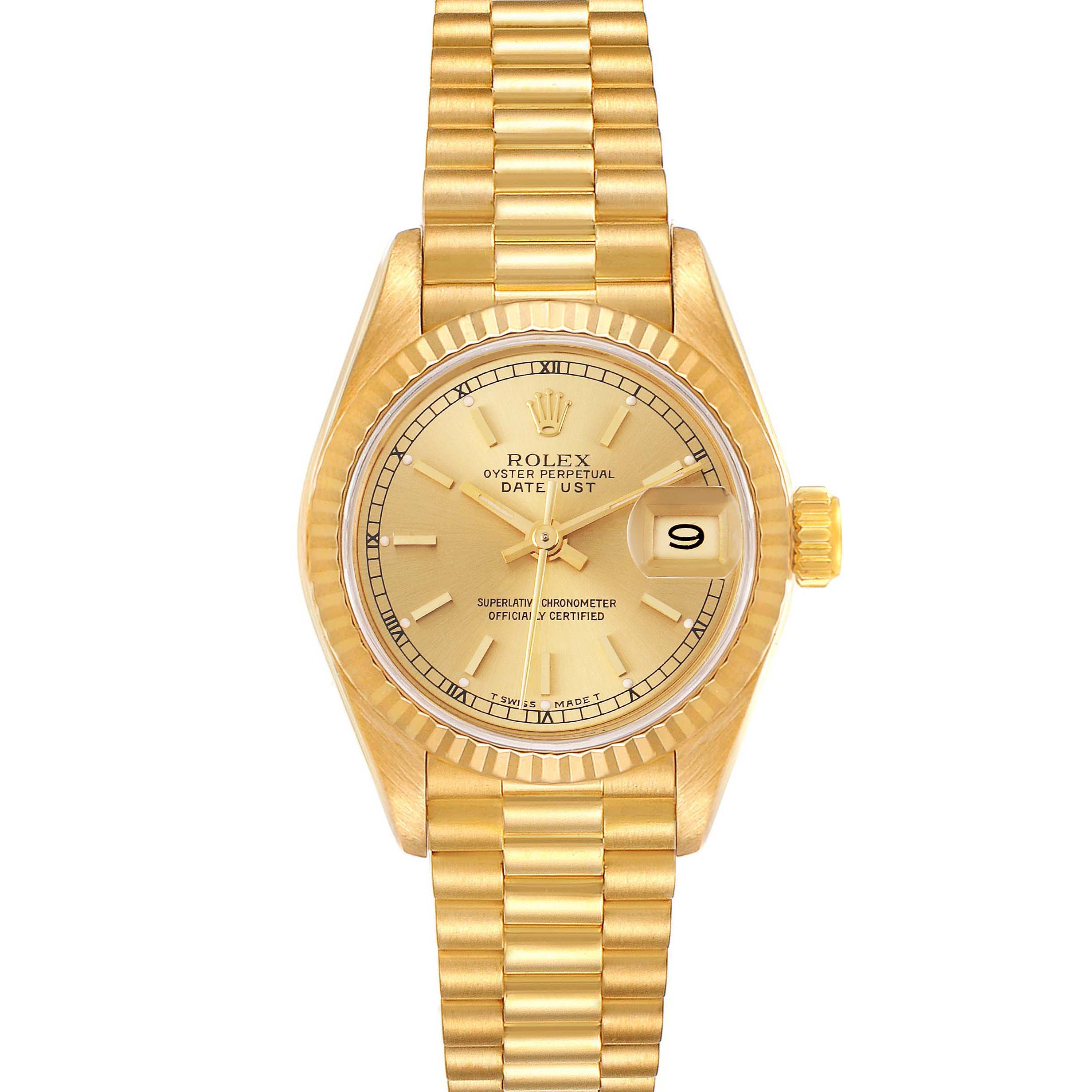 The image shows a Rolex President 69178 Women
s Yellow Gold Champagne Dial 69178 Women
s Yellow Gold Champagne Dial model watch from a front angle, displaying the bracelet, case, dial, hands, and date window.