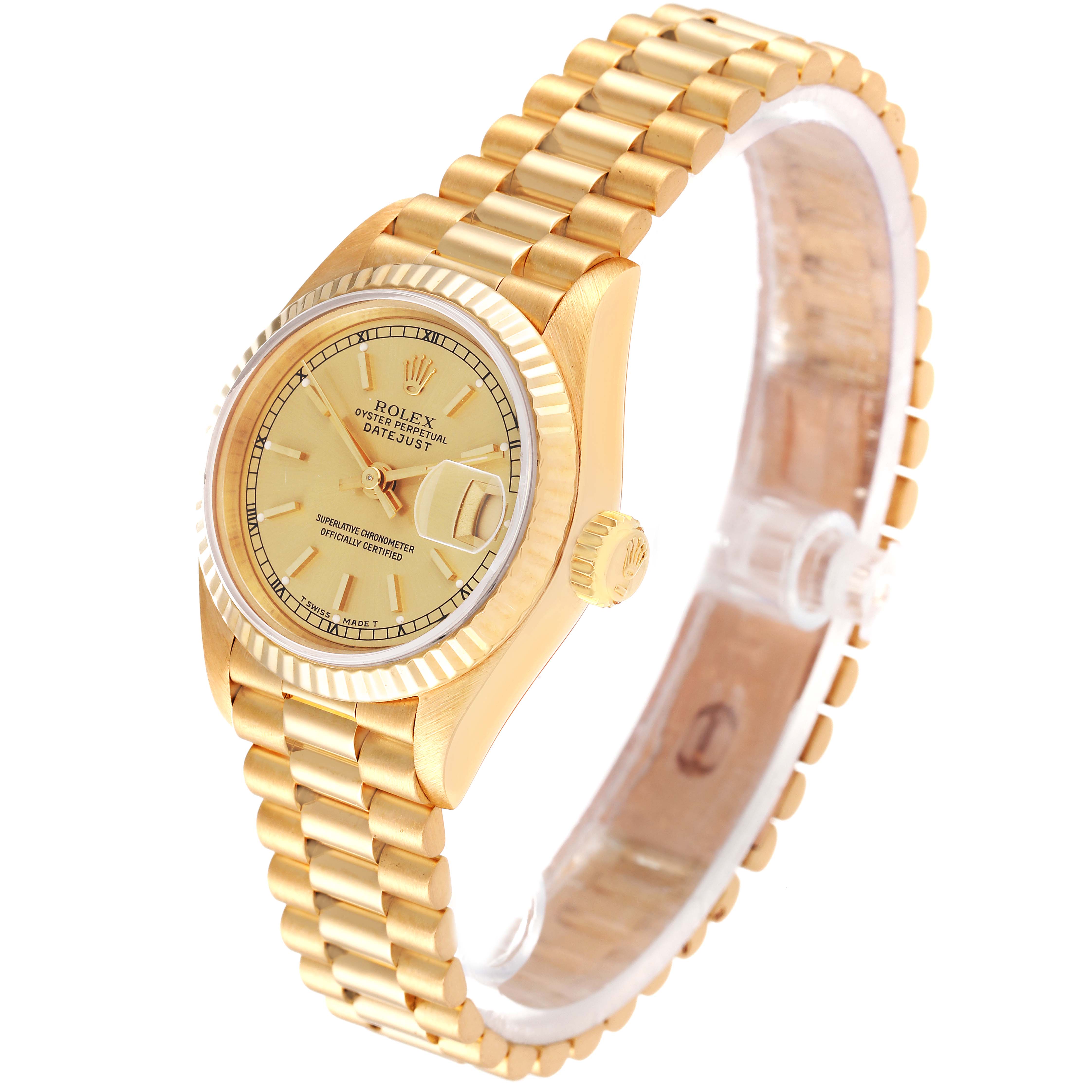 This image shows a gold Rolex President 69178 Women
s Yellow Gold Champagne Dial 69178 Women
s Yellow Gold Champagne Dial model watch at a three-quarter angle, displaying the face, bracelet, and crown.