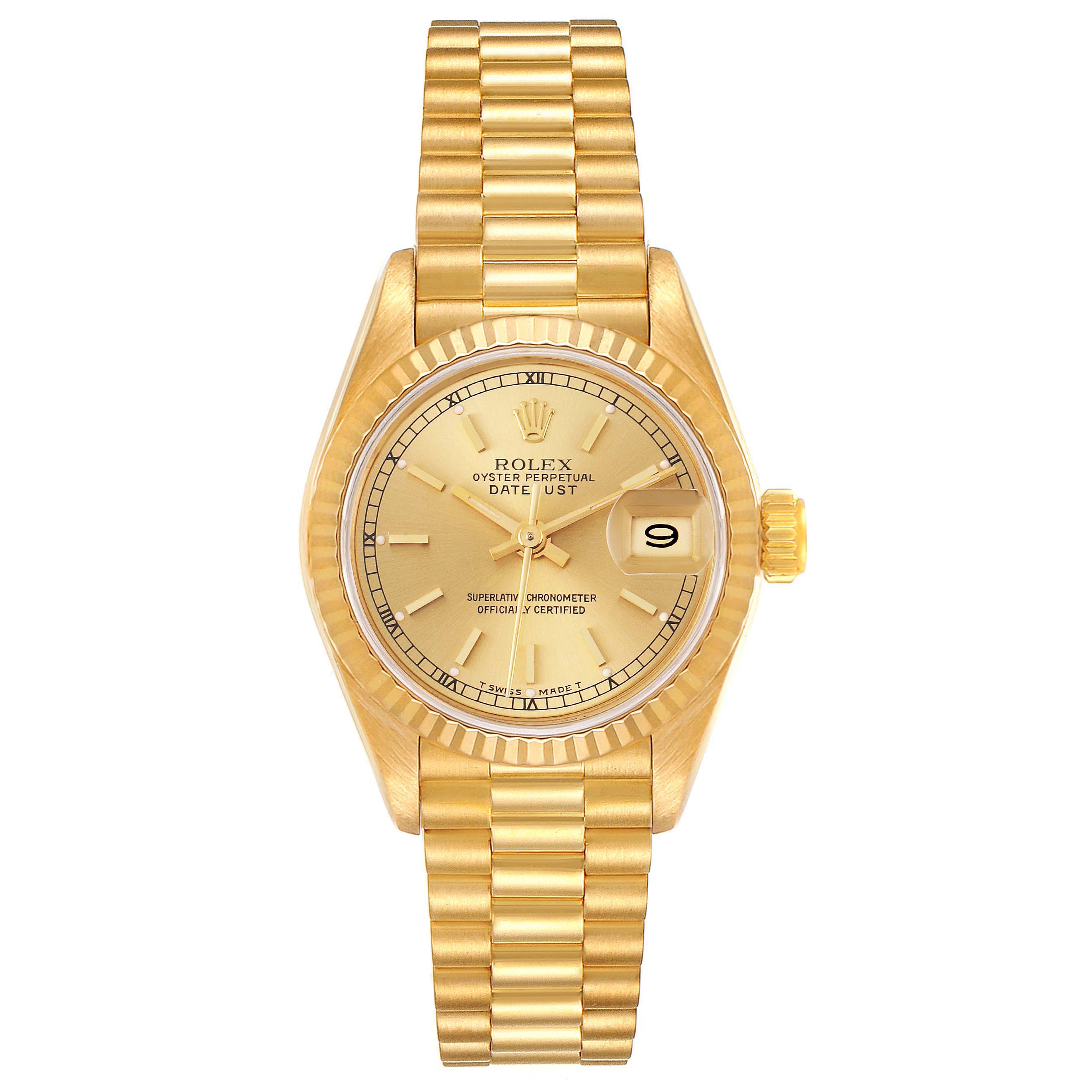 The image shows a front view of a Rolex President 69178 Women
s Yellow Gold Champagne Dial 69178 Women
s Yellow Gold Champagne Dial model watch, highlighting the dial, bezel, and bracelet.