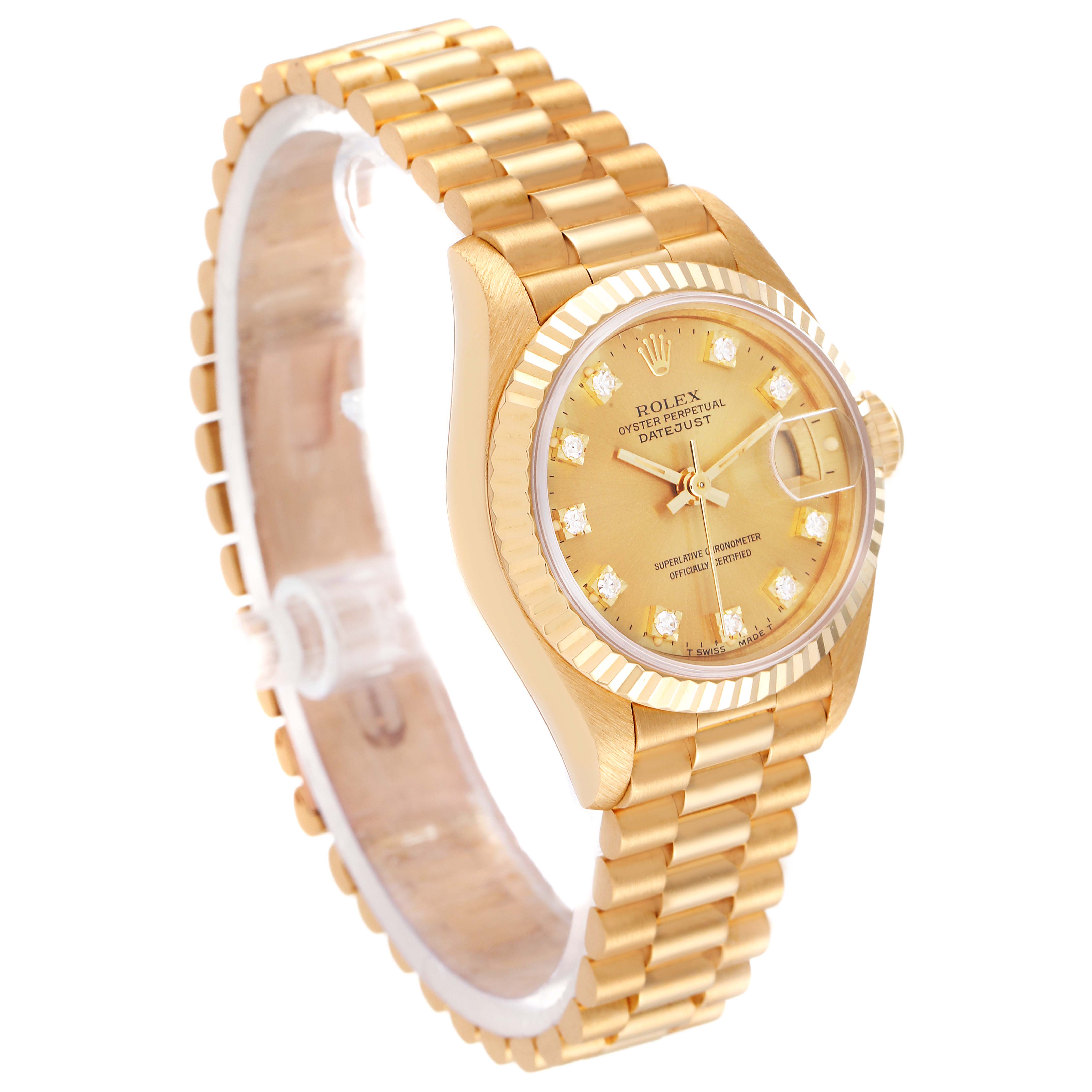 The Rolex President 69178 Women
s Yellow Gold Champagne Dial 69178 Women
s Yellow Gold Champagne Dial model watch is shown from an angled perspective, highlighting the gold band, bezel, and face.