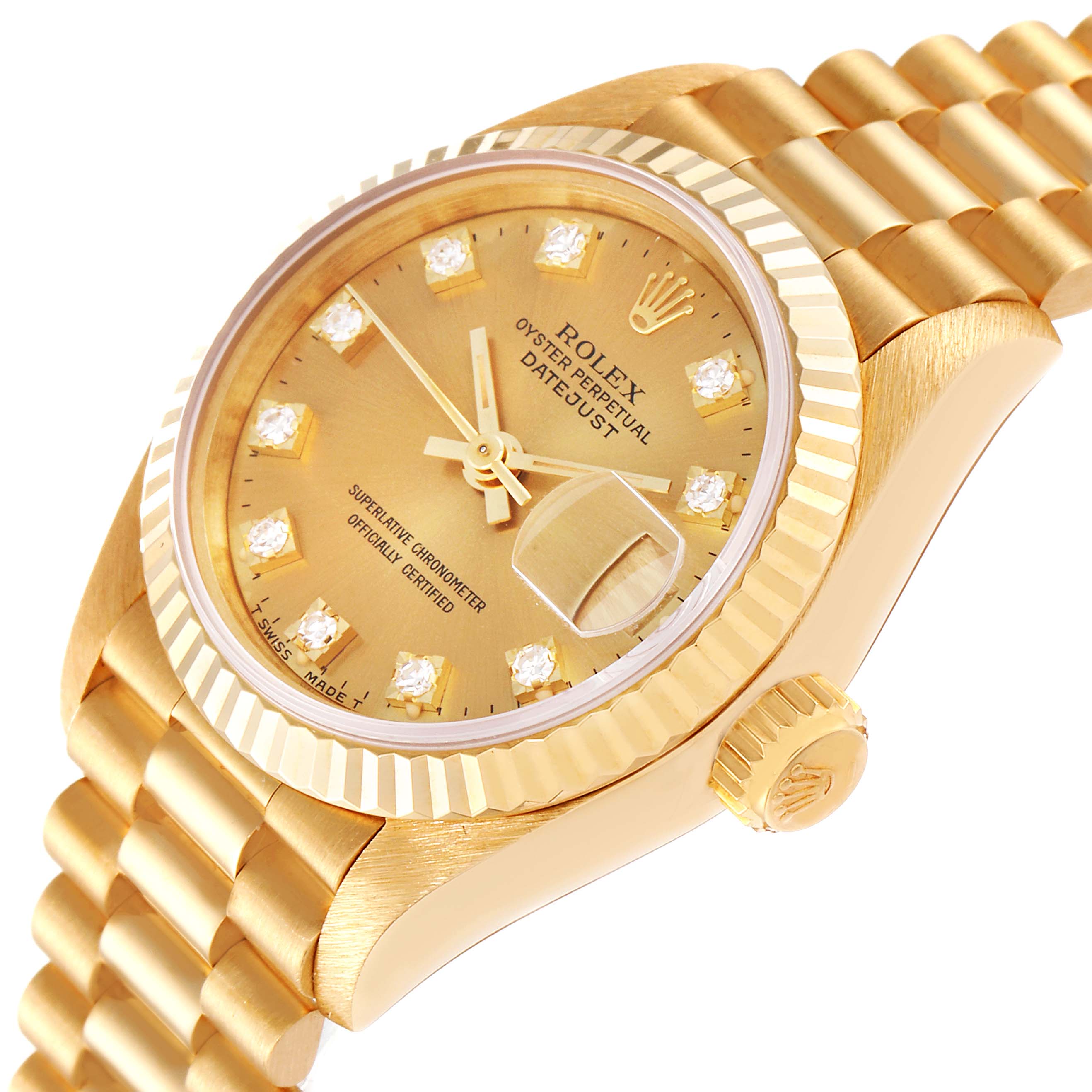 This image shows a close-up, angled view of the Rolex President 69178 Women
s Yellow Gold Champagne Dial 69178 Women
s Yellow Gold Champagne Dial model watch, showcasing the dial, bezel, and bracelet.