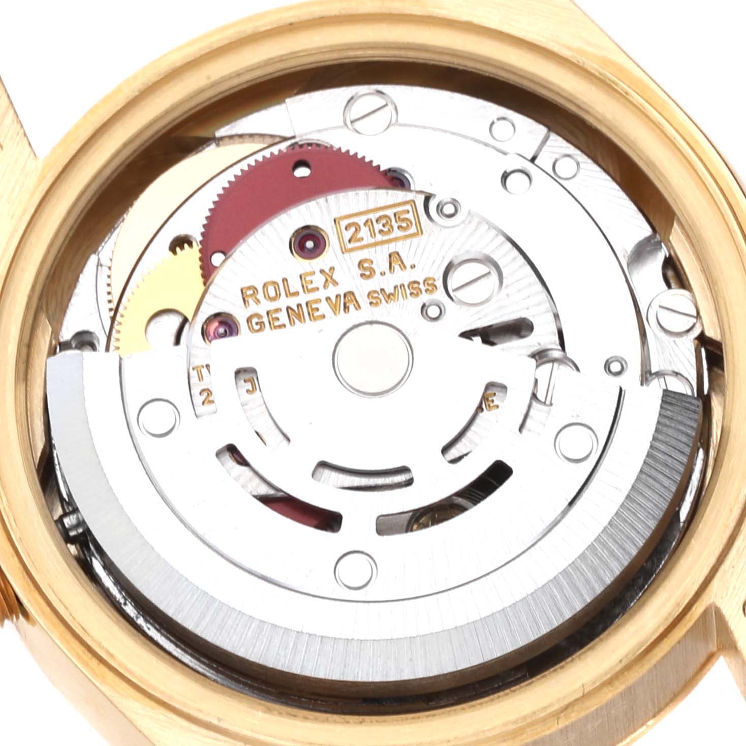 This is an image of the Rolex President 69178 Women
s Yellow Gold Champagne Dial 69178 Women
s Yellow Gold Champagne Dial model back view showing the internal movement mechanism and parts.