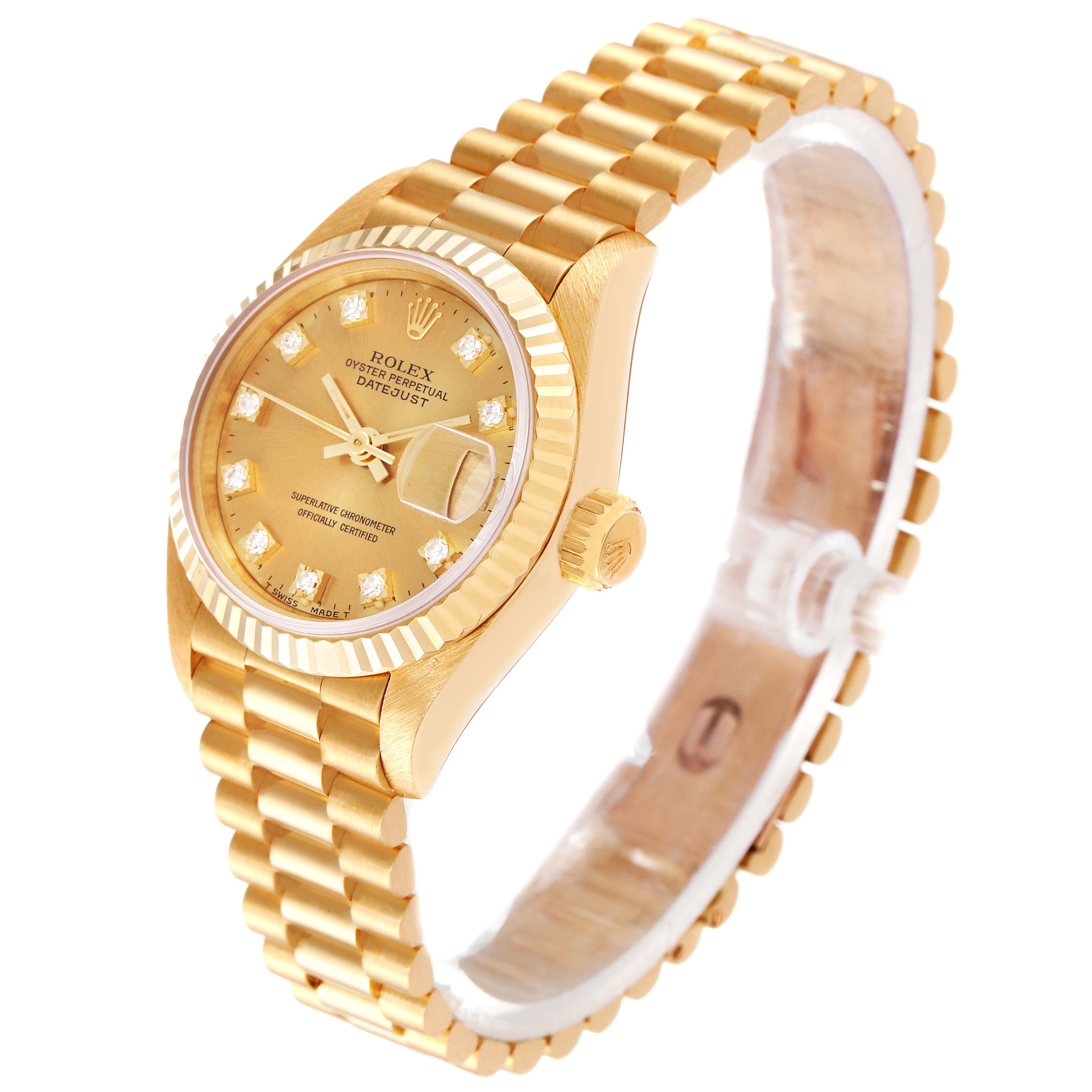 The Rolex President 69178 Women
s Yellow Gold Champagne Dial 69178 Women
s Yellow Gold Champagne Dial model watch is shown from a three-quarter angle highlighting the gold bracelet, dial, and crown.
