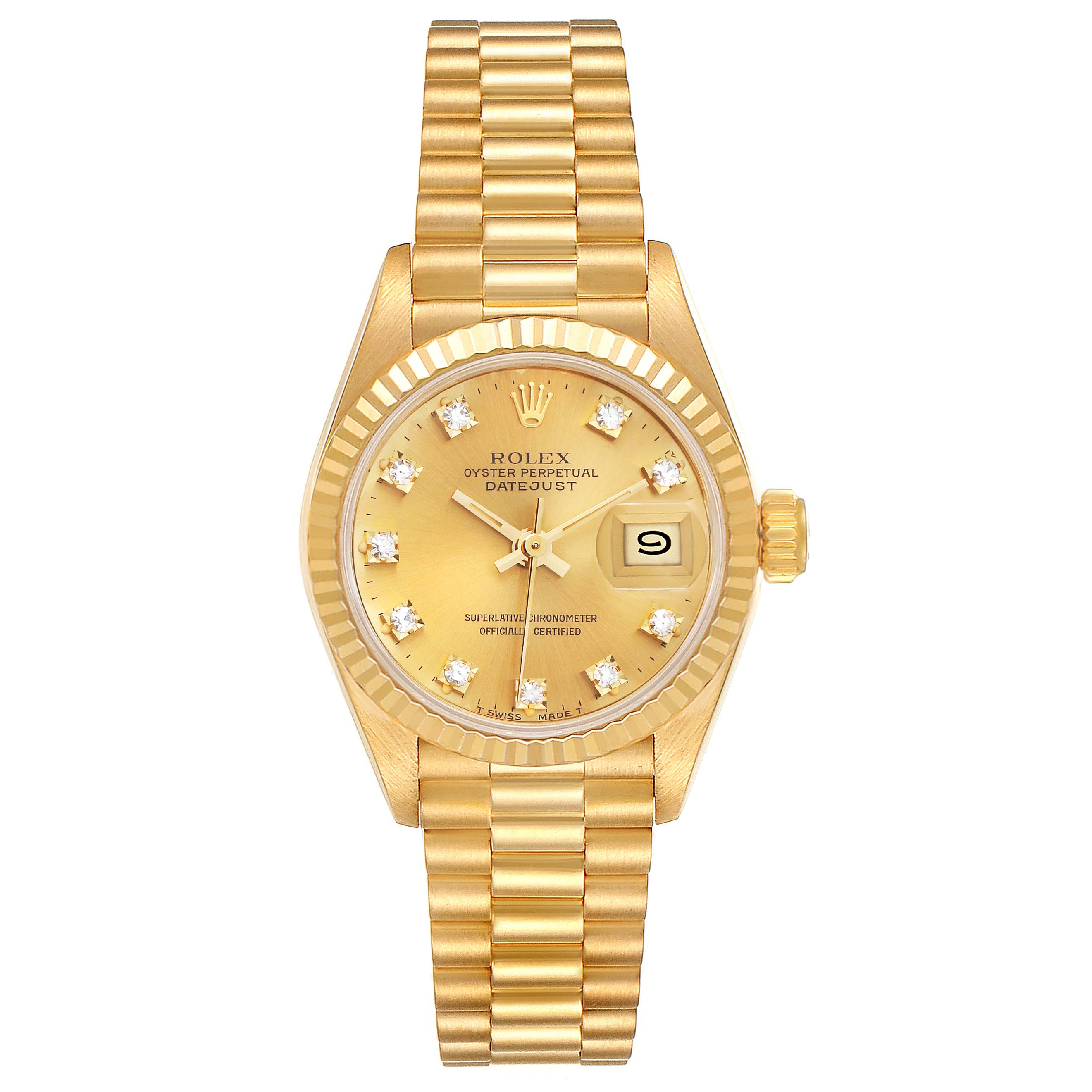This Rolex President 69178 Women
s Yellow Gold Champagne Dial 69178 Women
s Yellow Gold Champagne Dial model watch is shown from the front, displaying its dial, bezel, case, and bracelet.