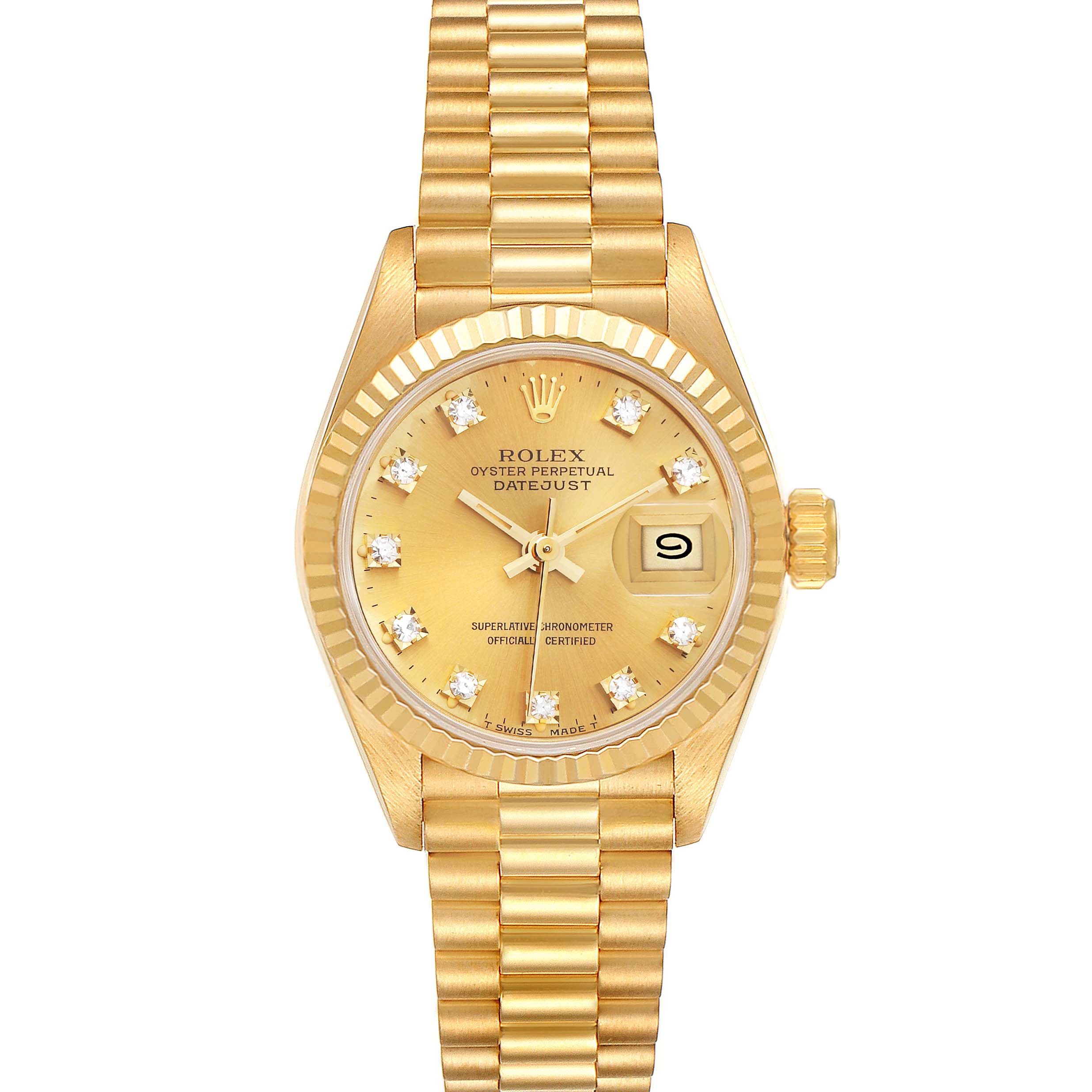 The image shows a frontal view of a Rolex President 69178 Women
s Yellow Gold Champagne Dial 69178 Women
s Yellow Gold Champagne Dial model watch with a gold bracelet and diamond hour markers.