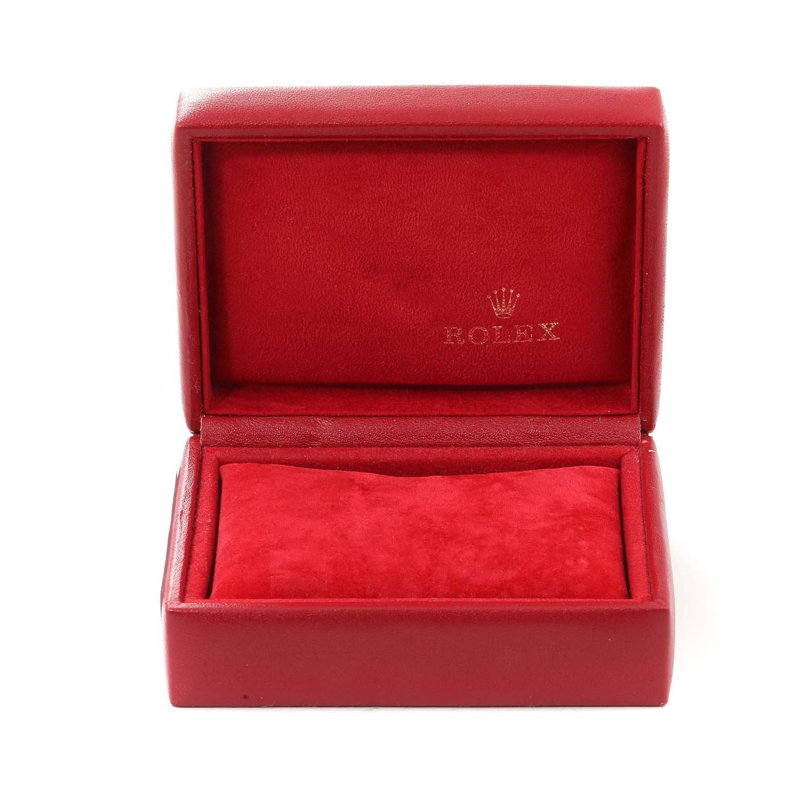 This is a red Rolex President 69178 Women
s Yellow Gold Champagne Dial 69178 Women
s Yellow Gold Champagne Dial model watch box seen from the front with its lid open.