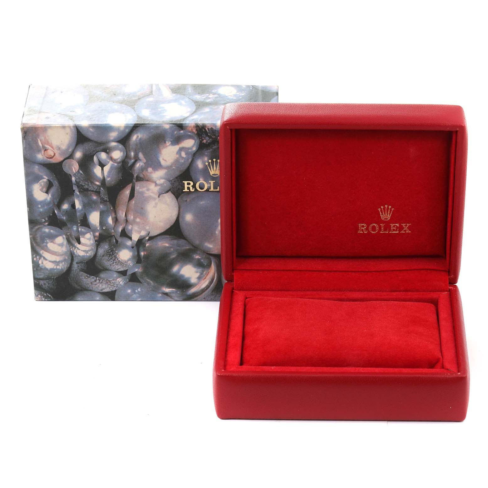 The image shows a Rolex President 69178 Women
s Yellow Gold Champagne Dial 69178 Women
s Yellow Gold Champagne Dial watch
s open red case on the right and its decorative outer box on the left.