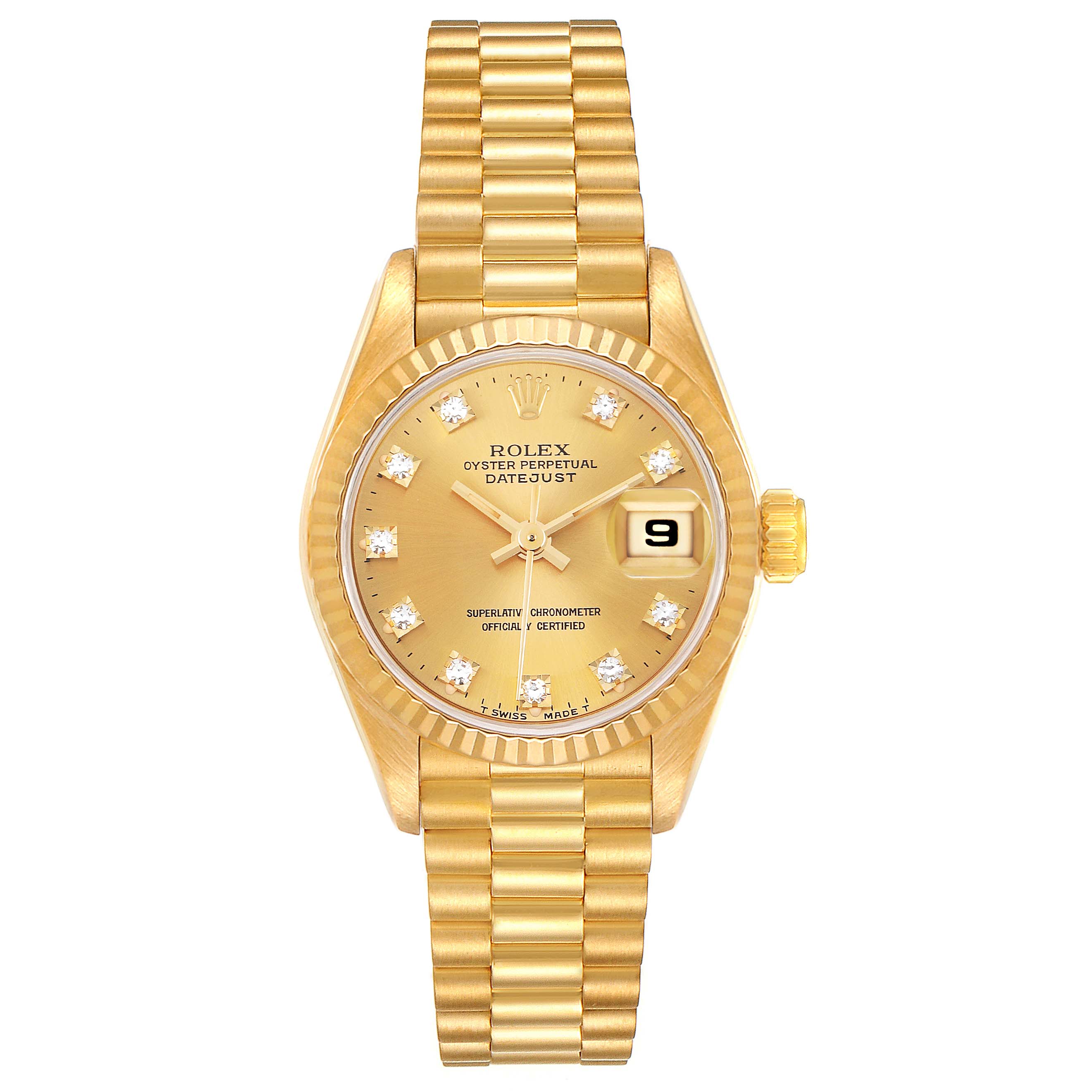 The image shows a front view of a Rolex President 69178 Women
s Yellow Gold Champagne Dial 69178 Women
s Yellow Gold Champagne Dial Datejust watch, displaying its gold bracelet, dial, and date function.