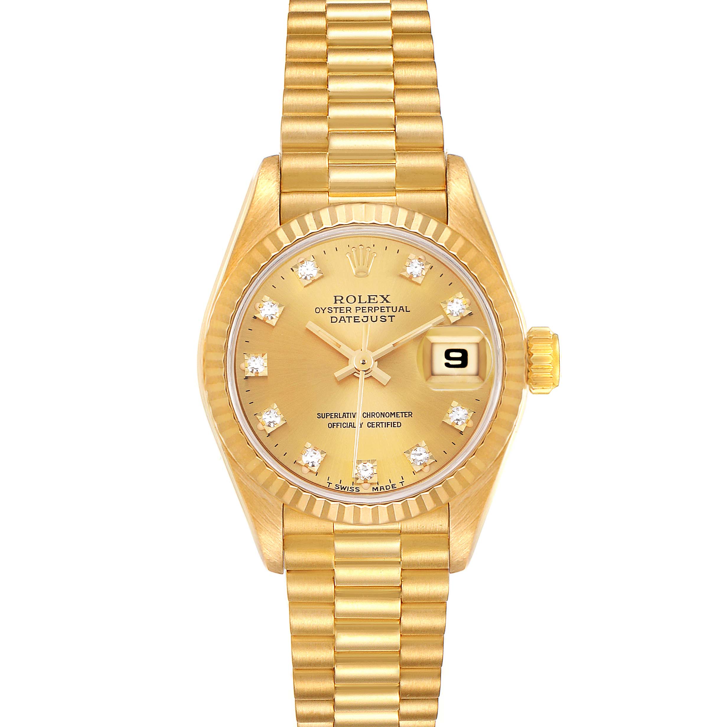 This Rolex President 69178 Women
s Yellow Gold Champagne Dial 69178 Women
s Yellow Gold Champagne Dial model watch is shown from the front, displaying its gold bracelet, dial, hands, and date window.