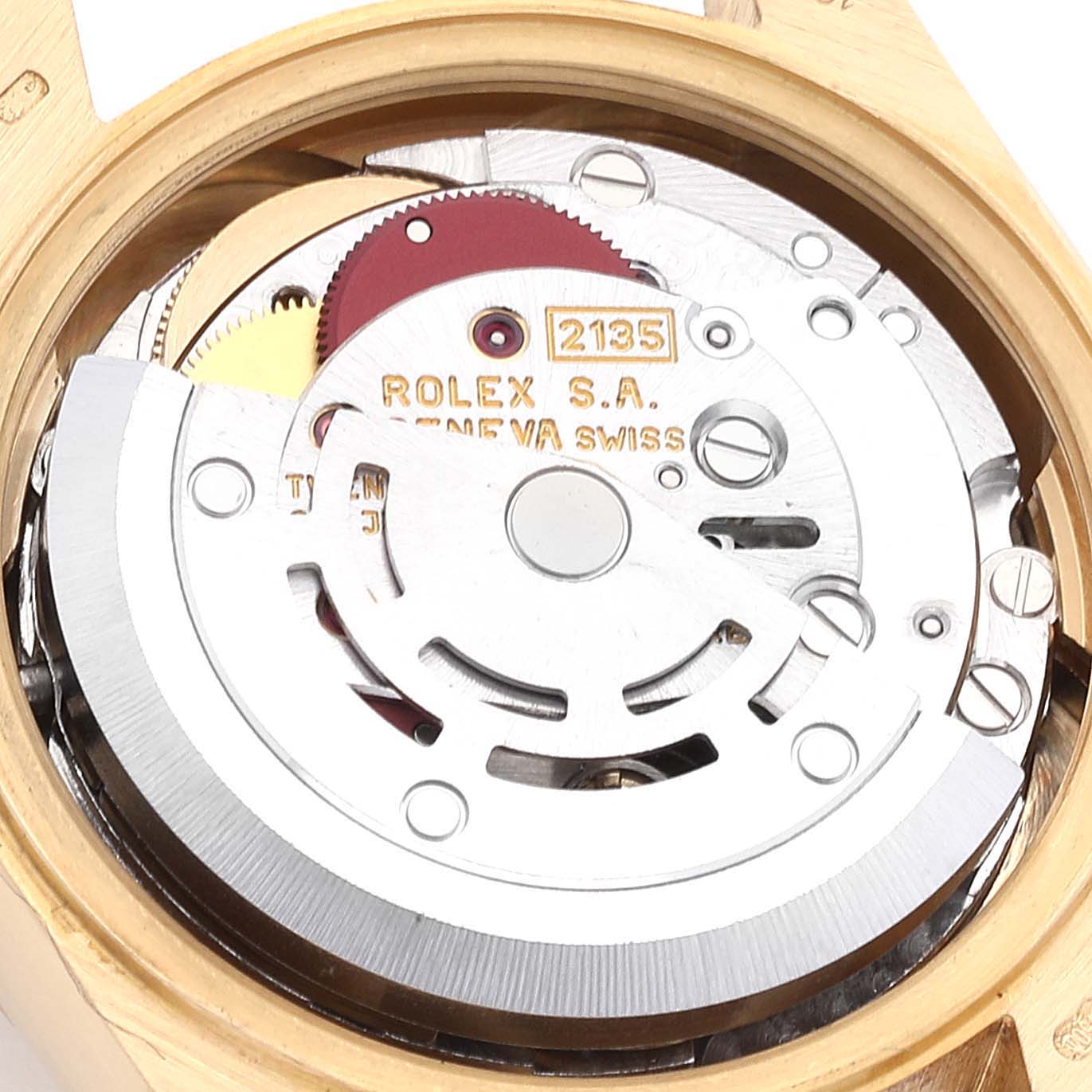 This image shows a close-up of the inner mechanism of a Rolex President 69178 Women
s Yellow Gold Champagne Dial 69178 Women
s Yellow Gold Champagne Dial model watch.
