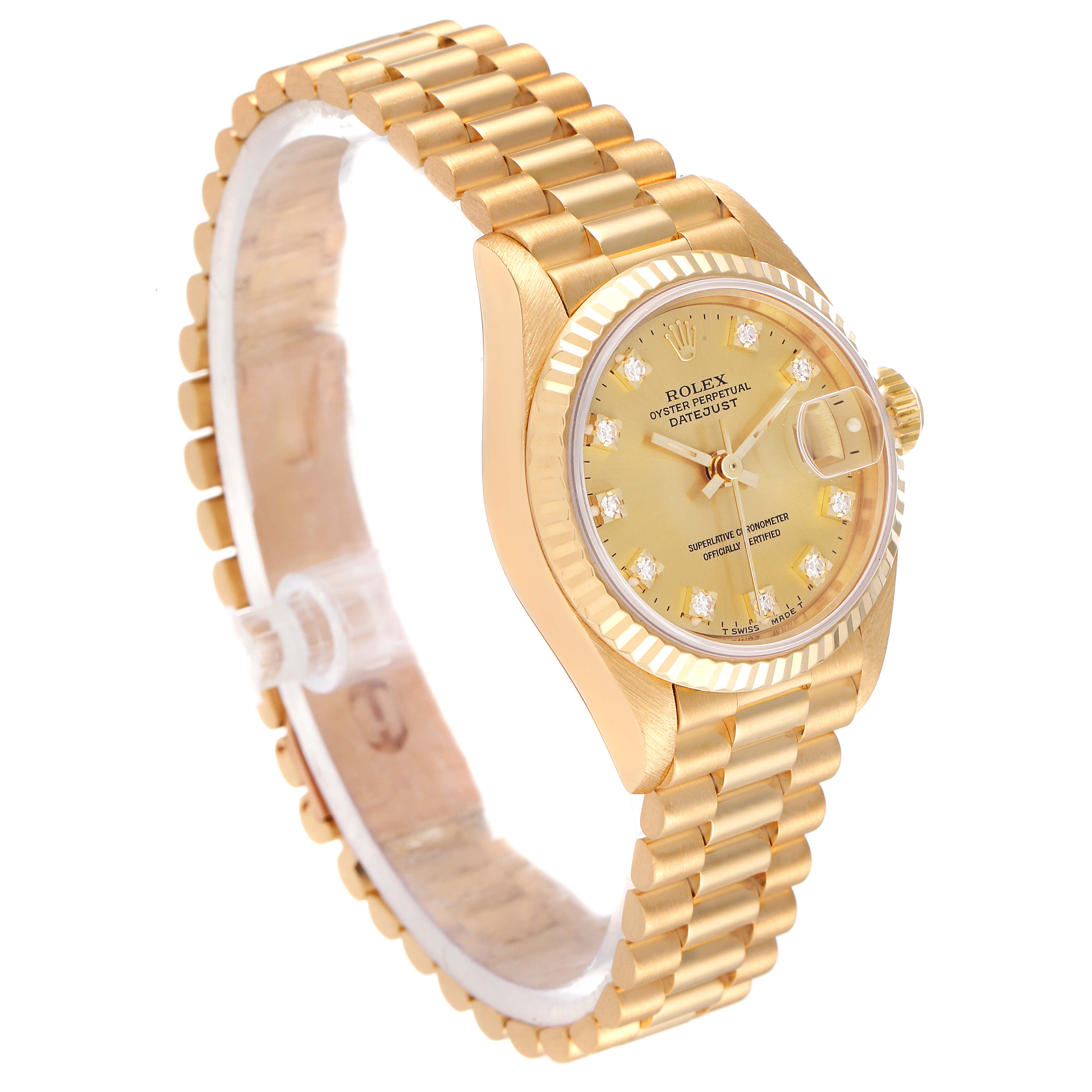 This image shows a side angle of a Rolex President 69178 Women
s Yellow Gold Champagne Dial 69178 Women
s Yellow Gold Champagne Dial model watch, highlighting its gold bracelet, bezel, and dial.
