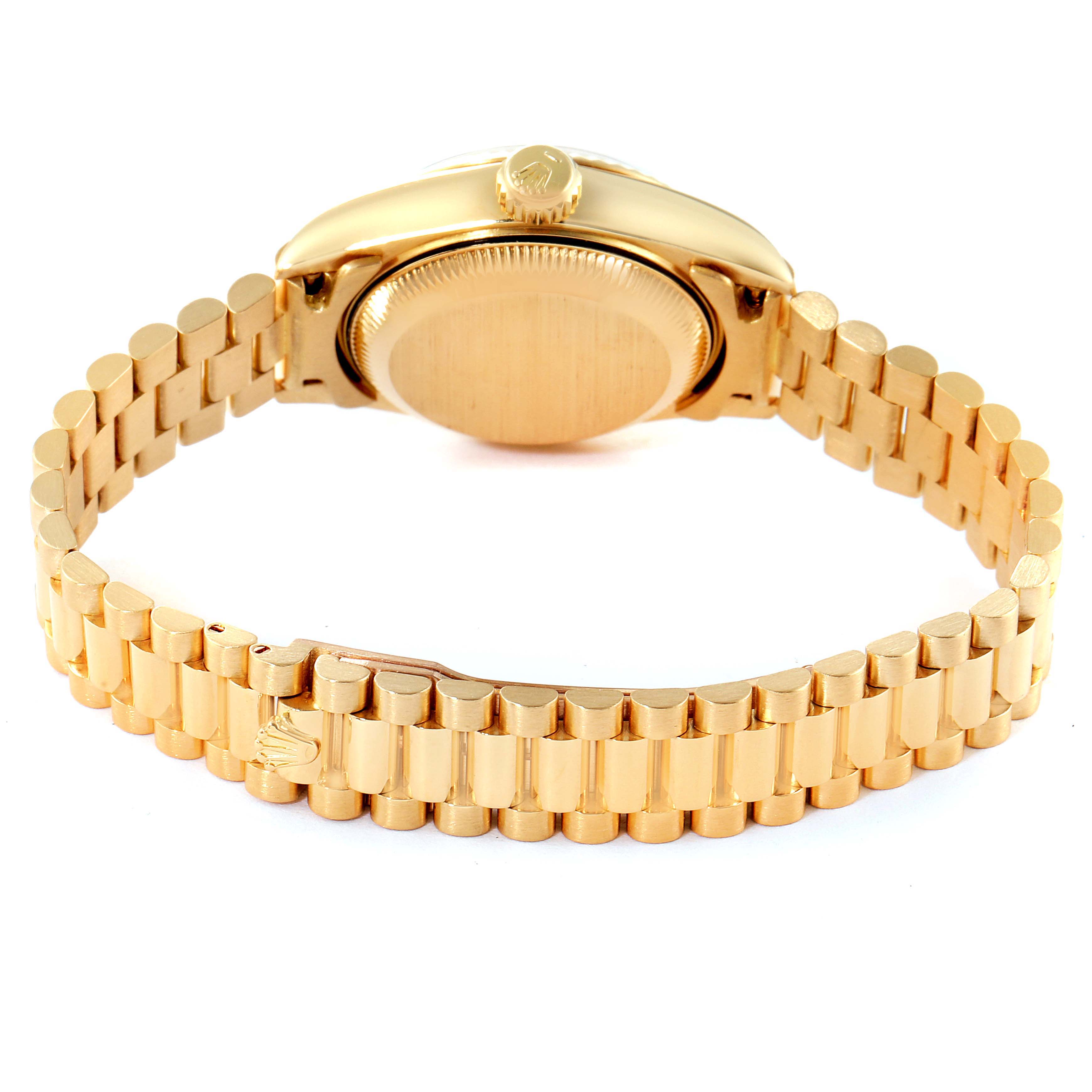 This image shows the back and strap of a Rolex President 69178 Women
s Yellow Gold Champagne Dial 69178 Women
s Yellow Gold Champagne Dial model watch from a rear angle.