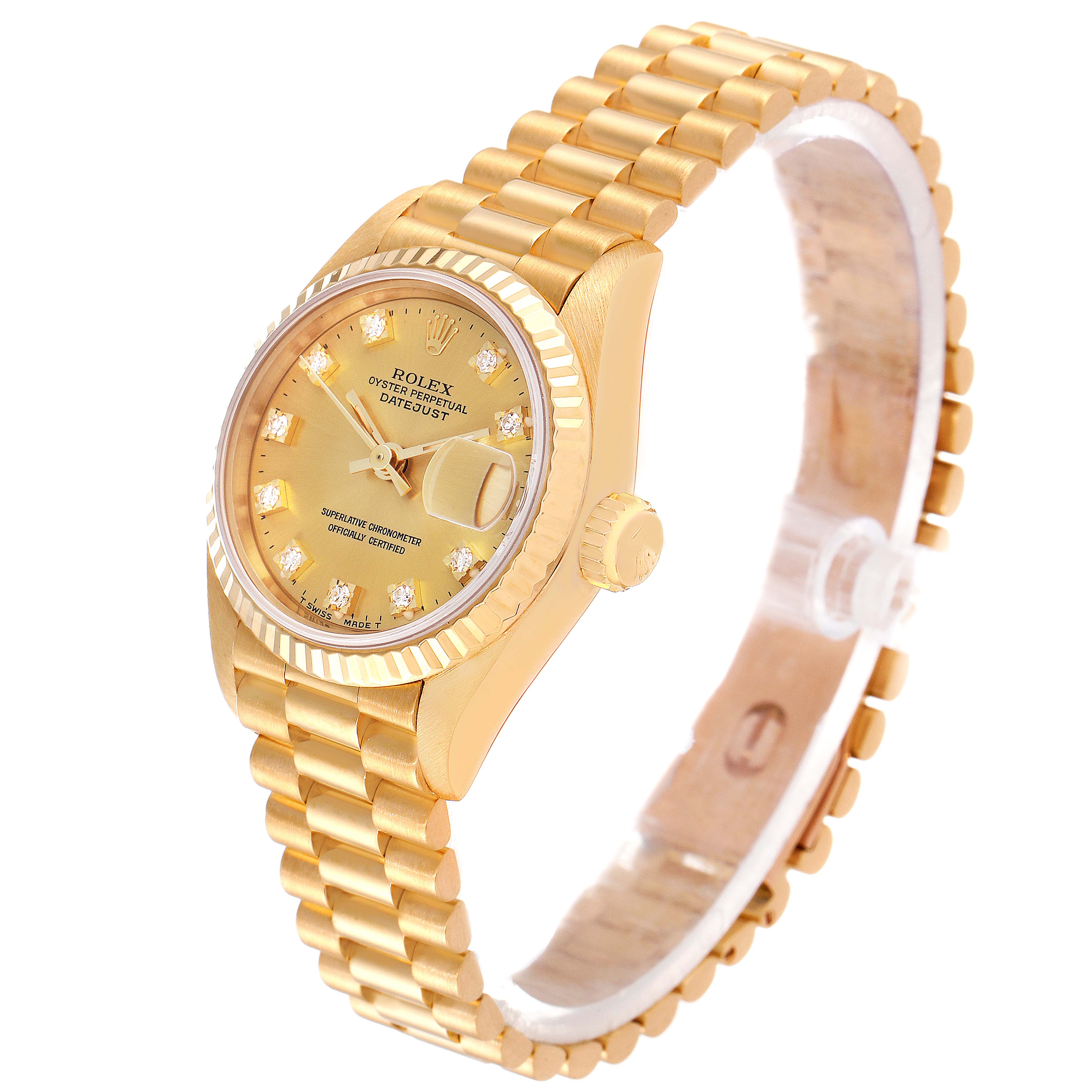 This image shows a Rolex President 69178 Women
s Yellow Gold Champagne Dial 69178 Women
s Yellow Gold Champagne Dial watch at a 3/4 angle, highlighting its gold bracelet, dial, and crown.