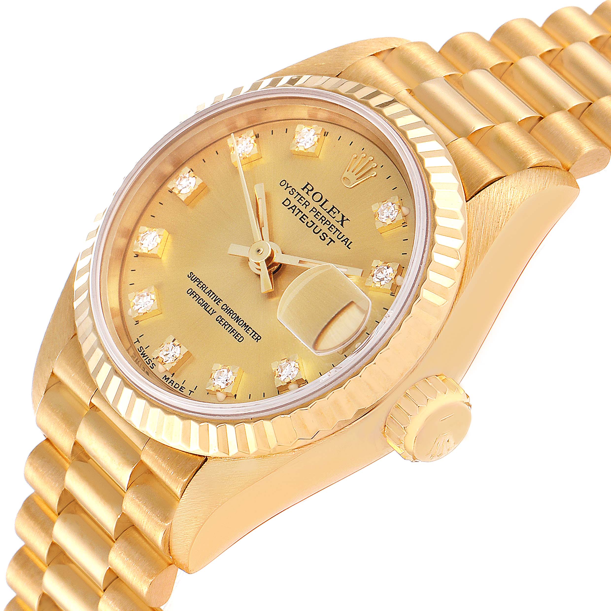 The image shows a Rolex President 69178 Women
s Yellow Gold Champagne Dial 69178 Women
s Yellow Gold Champagne Dial model watch from an upper front angle, highlighting the dial, crown, and bracelet.