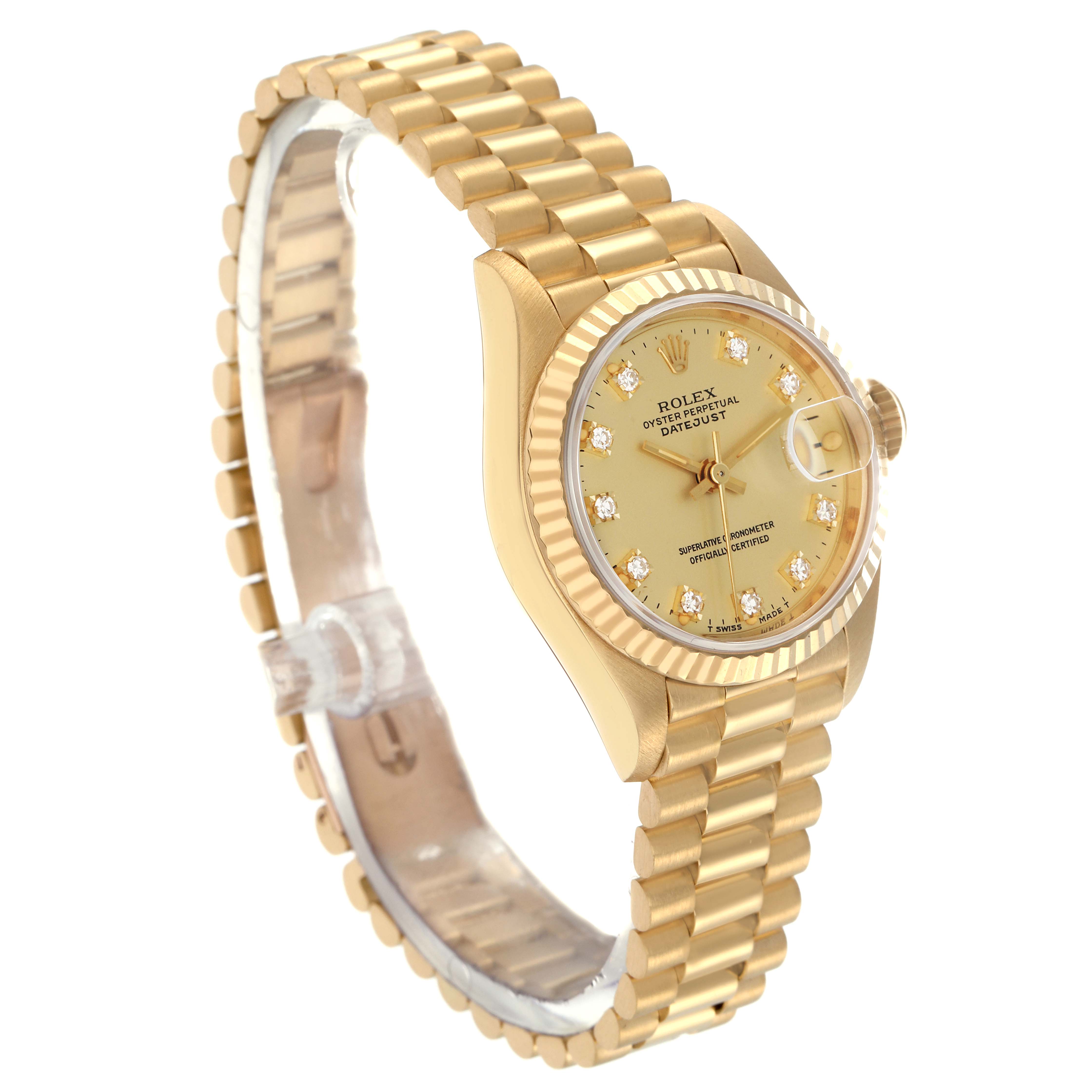 The Rolex President 69178 Women
s Yellow Gold Champagne Dial 69178 Women
s Yellow Gold Champagne Dial model is shown at a three-quarter angle, highlighting the gold bracelet, dial, case, and fluted bezel.