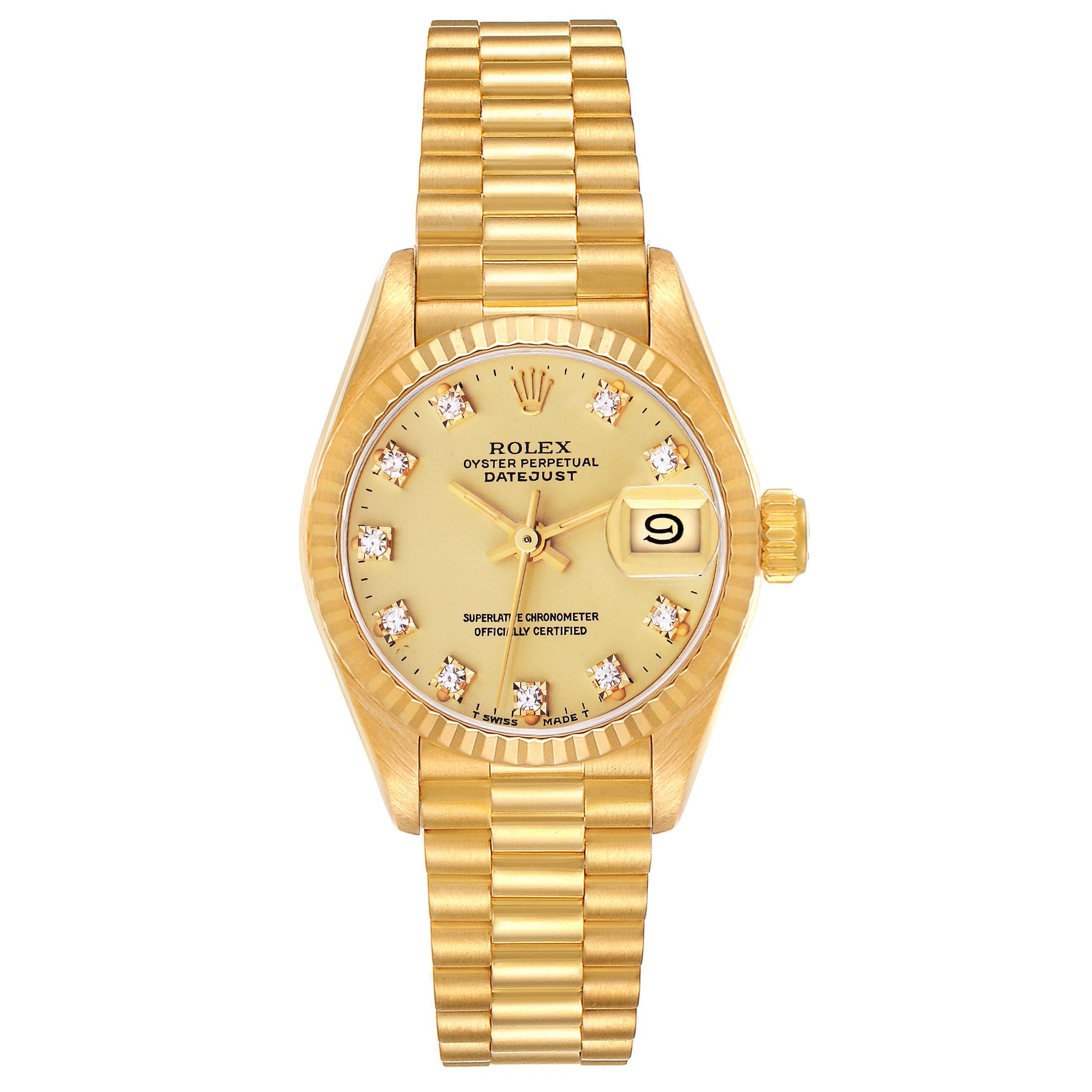 The image shows a front view of the Rolex President 69178 Women
s Yellow Gold Champagne Dial 69178 Women
s Yellow Gold Champagne Dial model, displaying the dial, bezel, and bracelet.