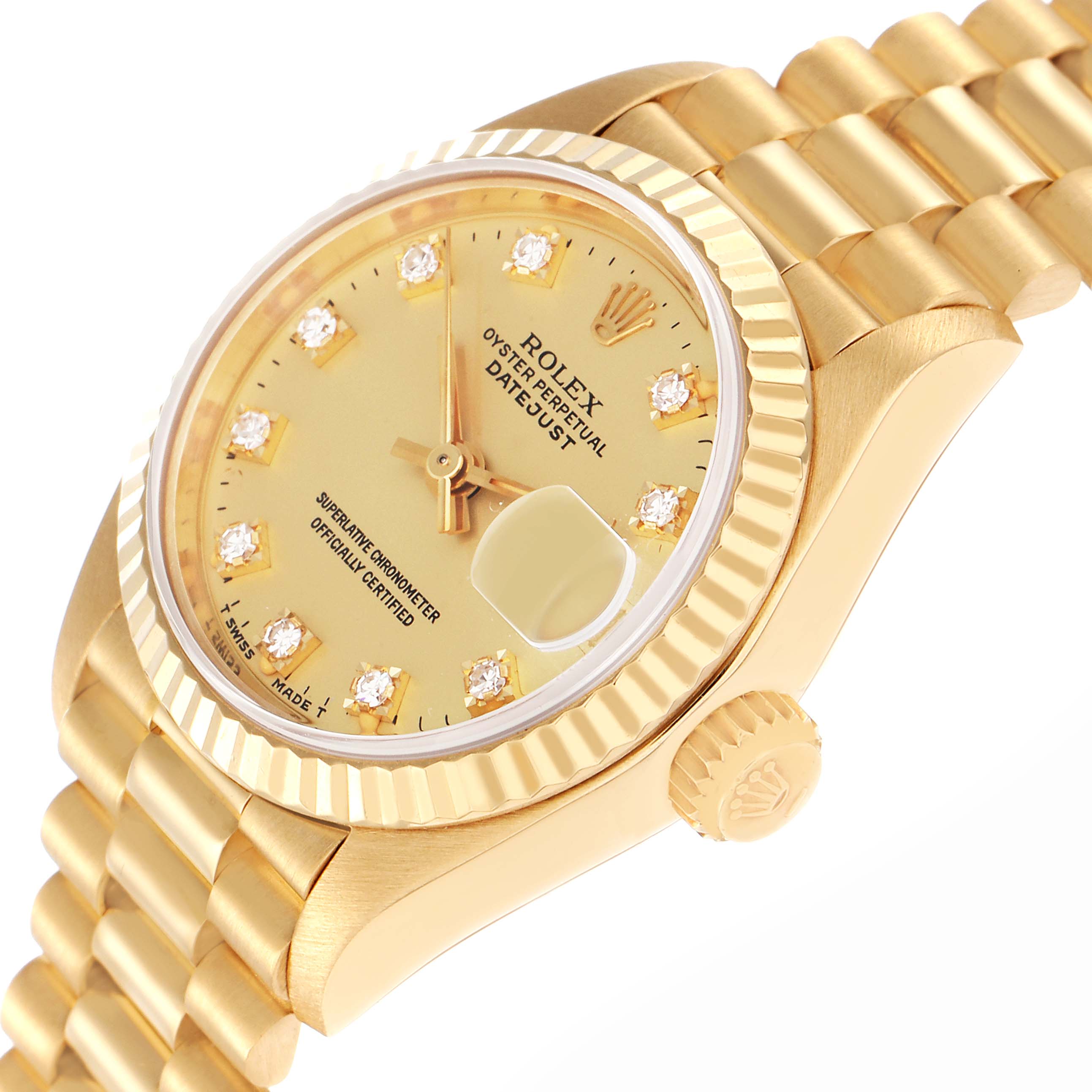 The image shows a Rolex President 69178 Women
s Yellow Gold Champagne Dial 69178 Women
s Yellow Gold Champagne Dial model watch at a three-quarter angle, highlighting the dial, crown, and bracelet.