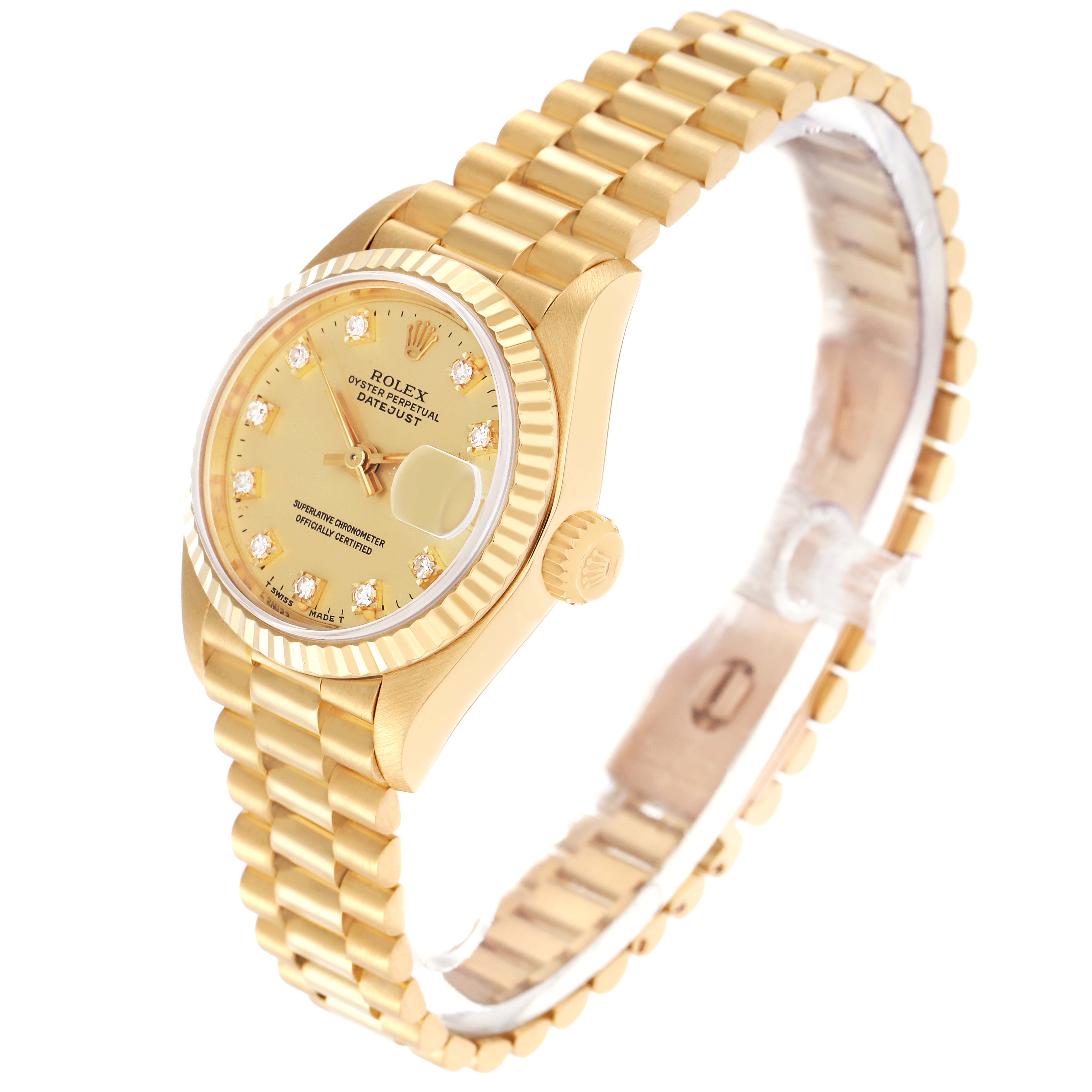 The Rolex President 69178 Women
s Yellow Gold Champagne Dial 69178 Women
s Yellow Gold Champagne Dial watch is shown angled slightly from the front, highlighting its gold bracelet and diamond-accented dial.