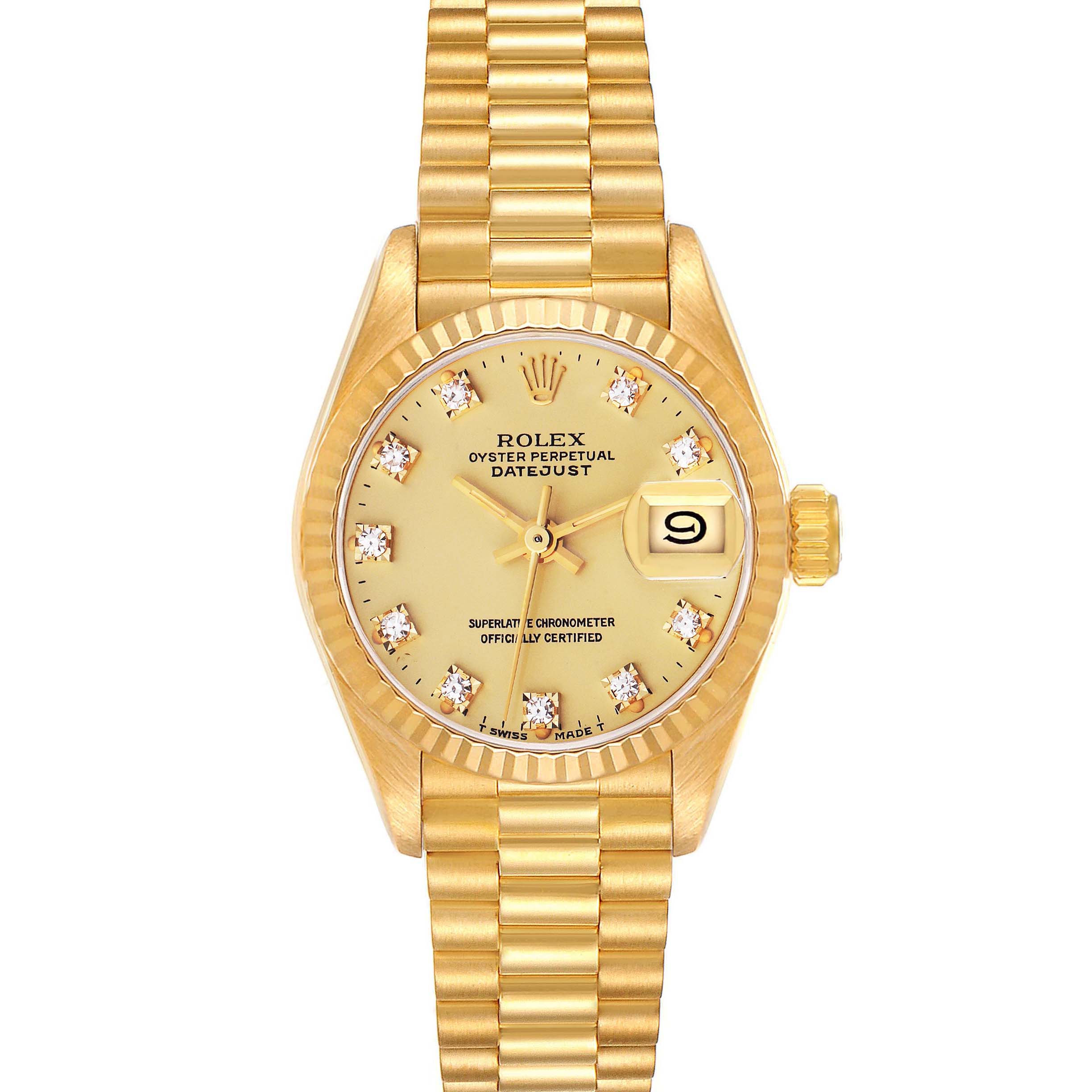 The Rolex President 69178 Women
s Yellow Gold Champagne Dial 69178 Women
s Yellow Gold Champagne Dial model watch is shown from a front view, highlighting the dial, bracelet, and crown.