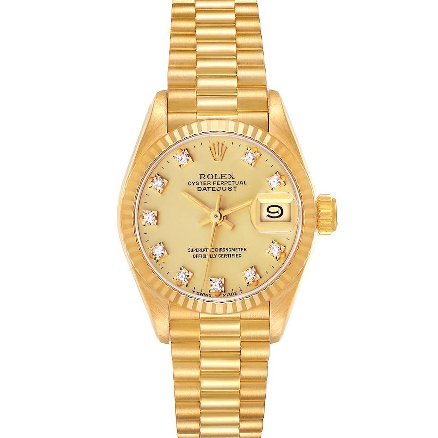 The Rolex President model watch is shown from a front view, highlighting the dial, bracelet, and crown.