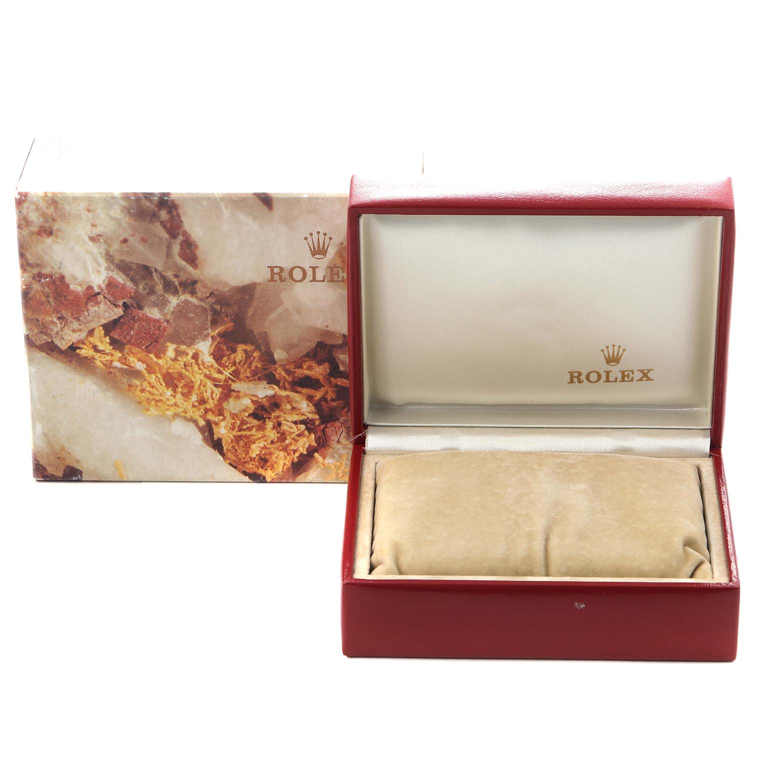 The image shows the packaging for a Rolex President 69178 Women
s Yellow Gold Champagne Dial 69178 Women
s Yellow Gold Champagne Dial model, featuring a red box with cushioning inside and an outer decorative box.