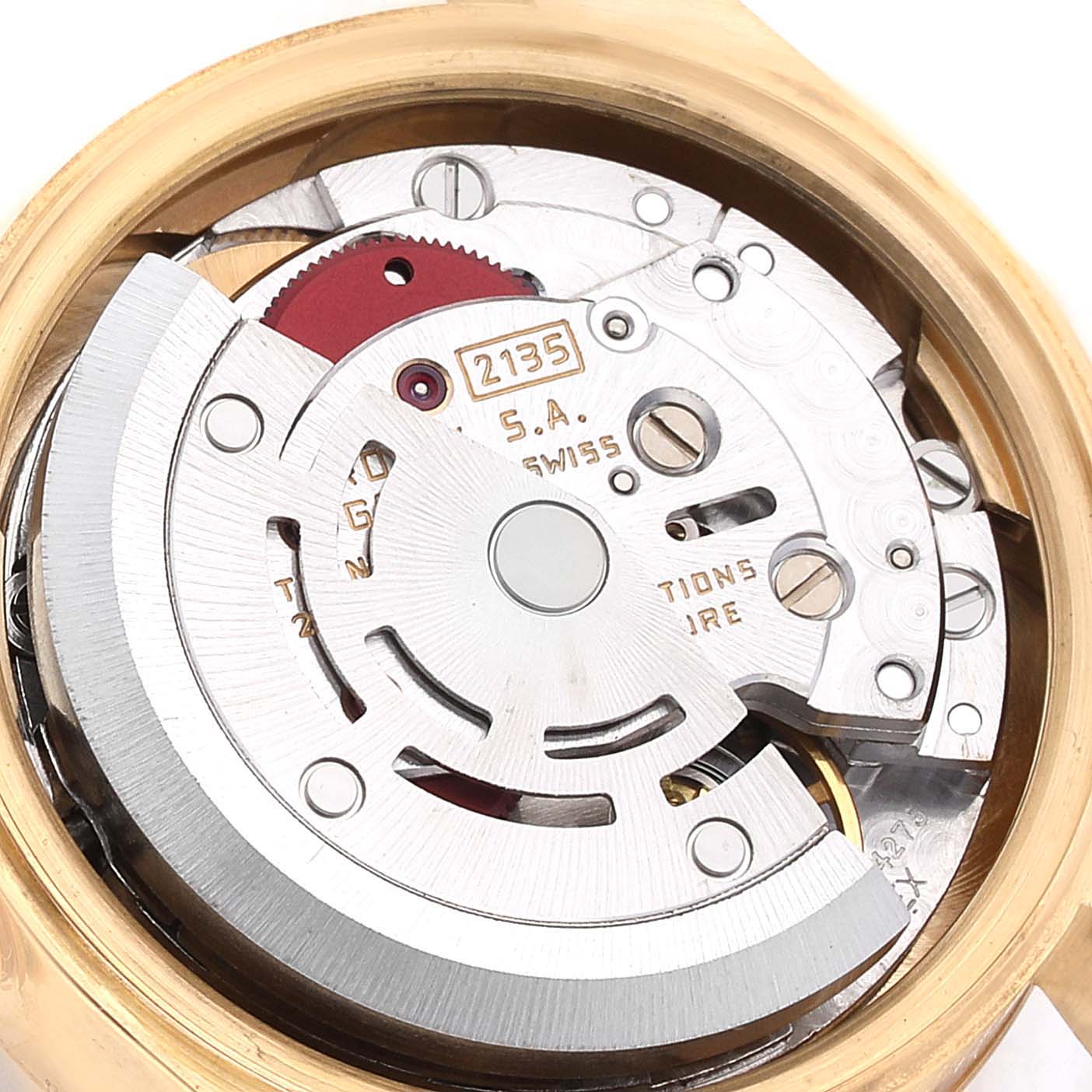 The image shows the internal mechanical movement of the Rolex President 69178 Women
s Yellow Gold Champagne Dial 69178 Women
s Yellow Gold Champagne Dial model, viewed from the back.