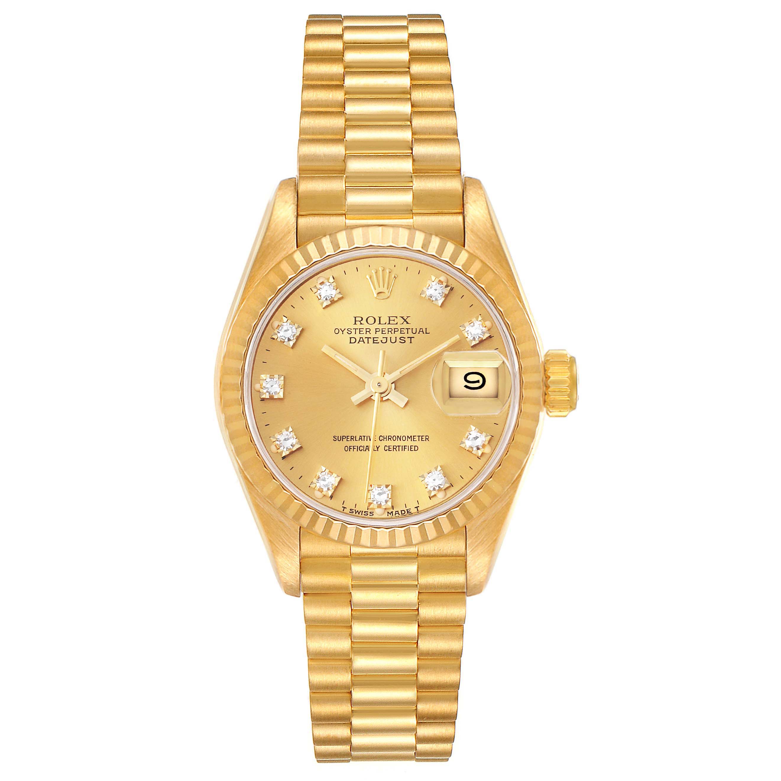 The image shows a front view of a Rolex President 69178 Women
s Yellow Gold Champagne Dial 69178 Women
s Yellow Gold Champagne Dial model watch, displaying its dial, hands, fluted bezel, and bracelet.