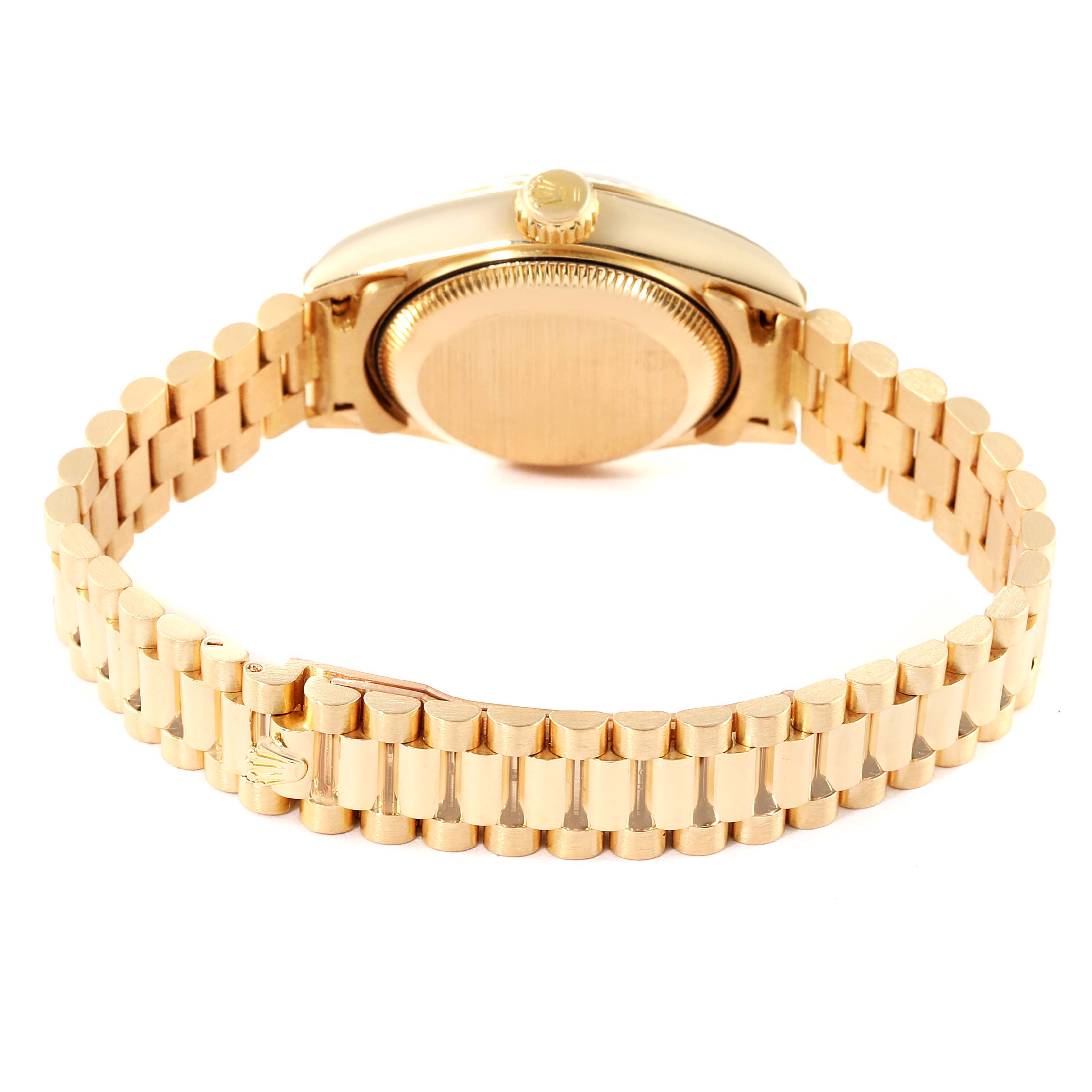 This image shows the back case and bracelet of a Rolex President 69178 Women
s Yellow Gold Champagne Dial 69178 Women
s Yellow Gold Champagne Dial model watch from a rear angle.