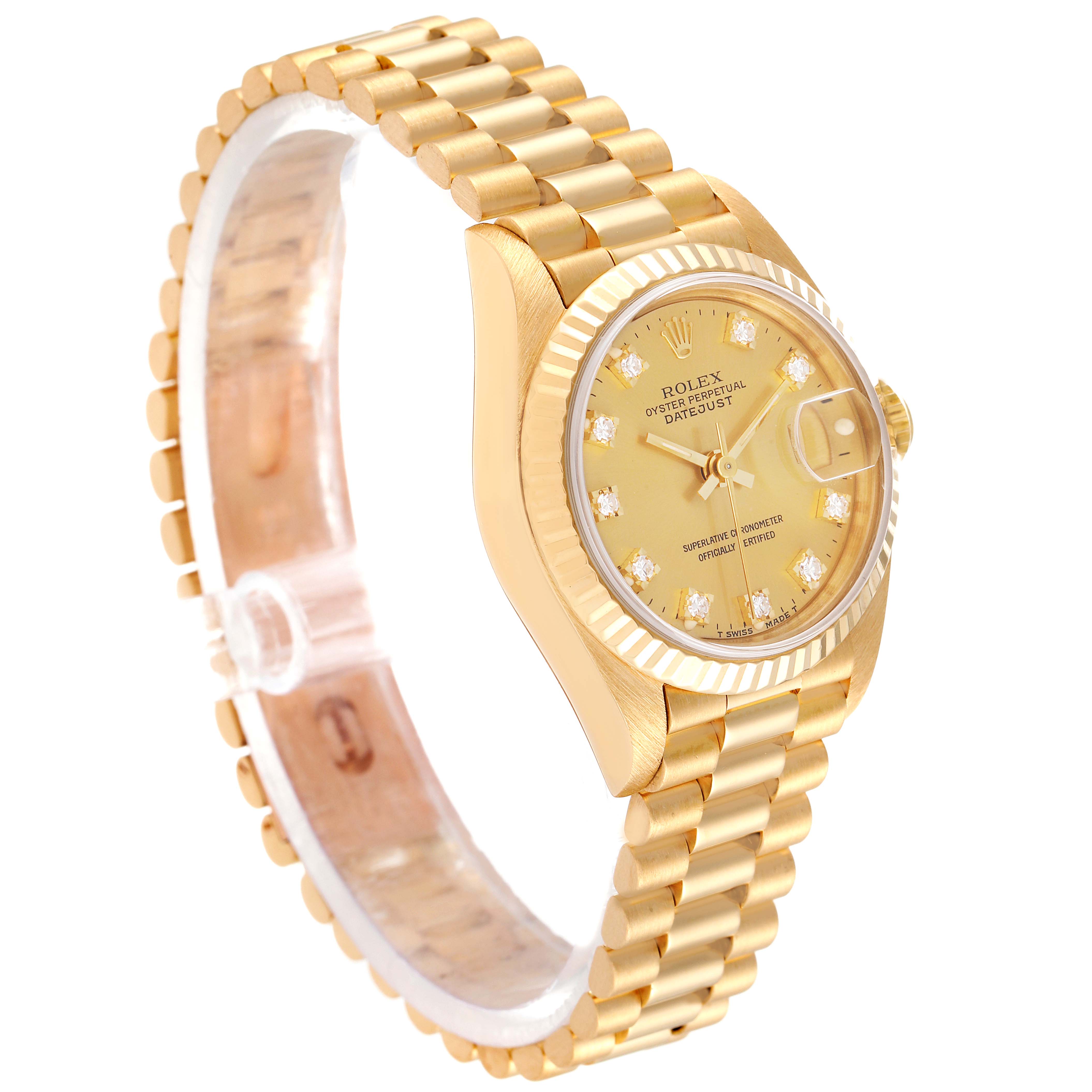 The image shows a side view of the Rolex President 69178 Women
s Yellow Gold Champagne Dial 69178 Women
s Yellow Gold Champagne Dial model watch, displaying the bracelet, face, bezel, and crown.