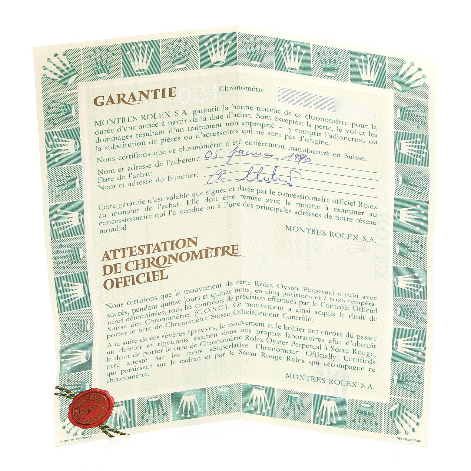 The image shows the guarantee and certification paperwork for a Rolex President 69178 Women
s Yellow Gold Champagne Dial 69178 Women
s Yellow Gold Champagne Dial model, viewed from a top-down angle.