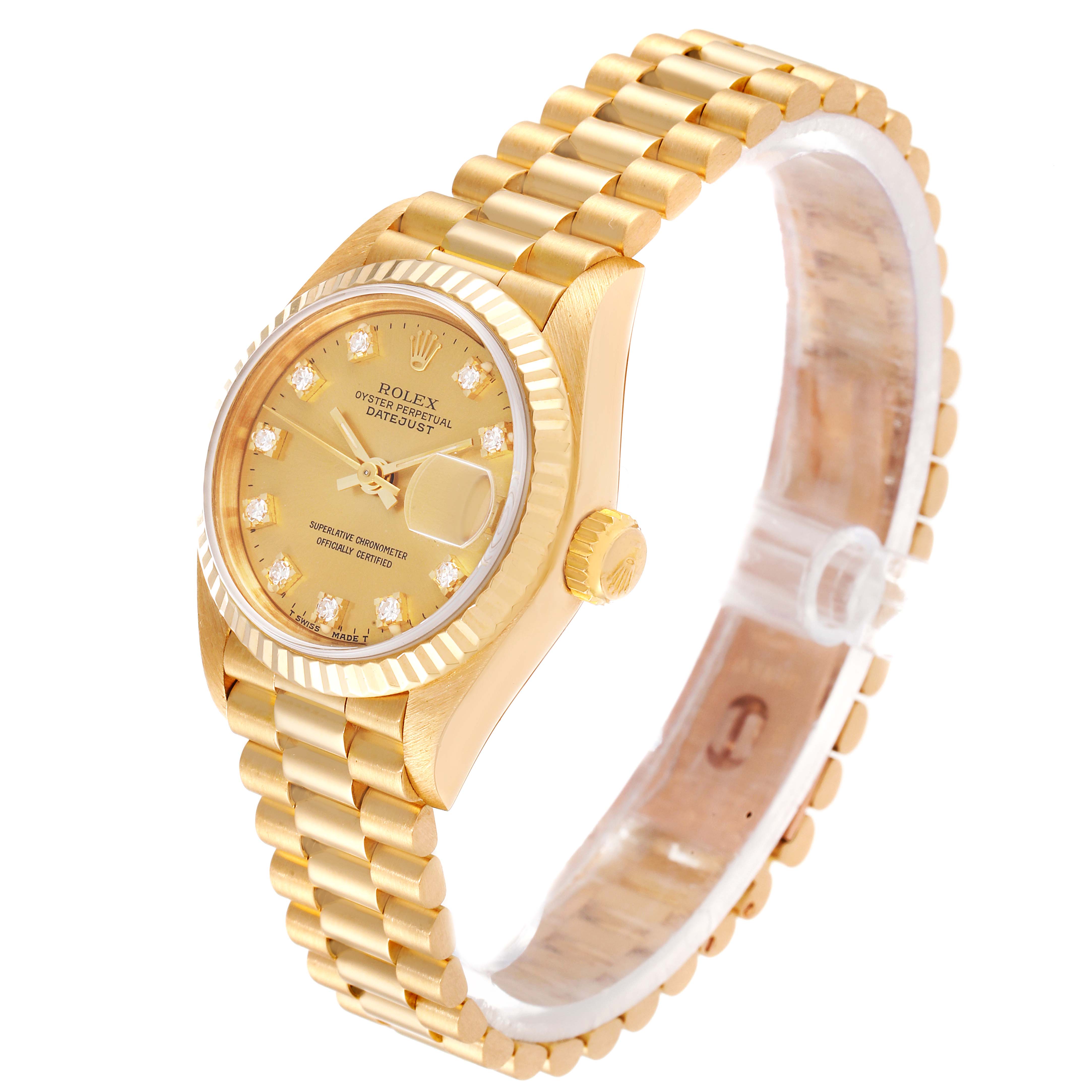 The Rolex President 69178 Women
s Yellow Gold Champagne Dial 69178 Women
s Yellow Gold Champagne Dial model watch is shown at a slight angle, highlighting its gold dial, bracelet, and diamond hour markers.