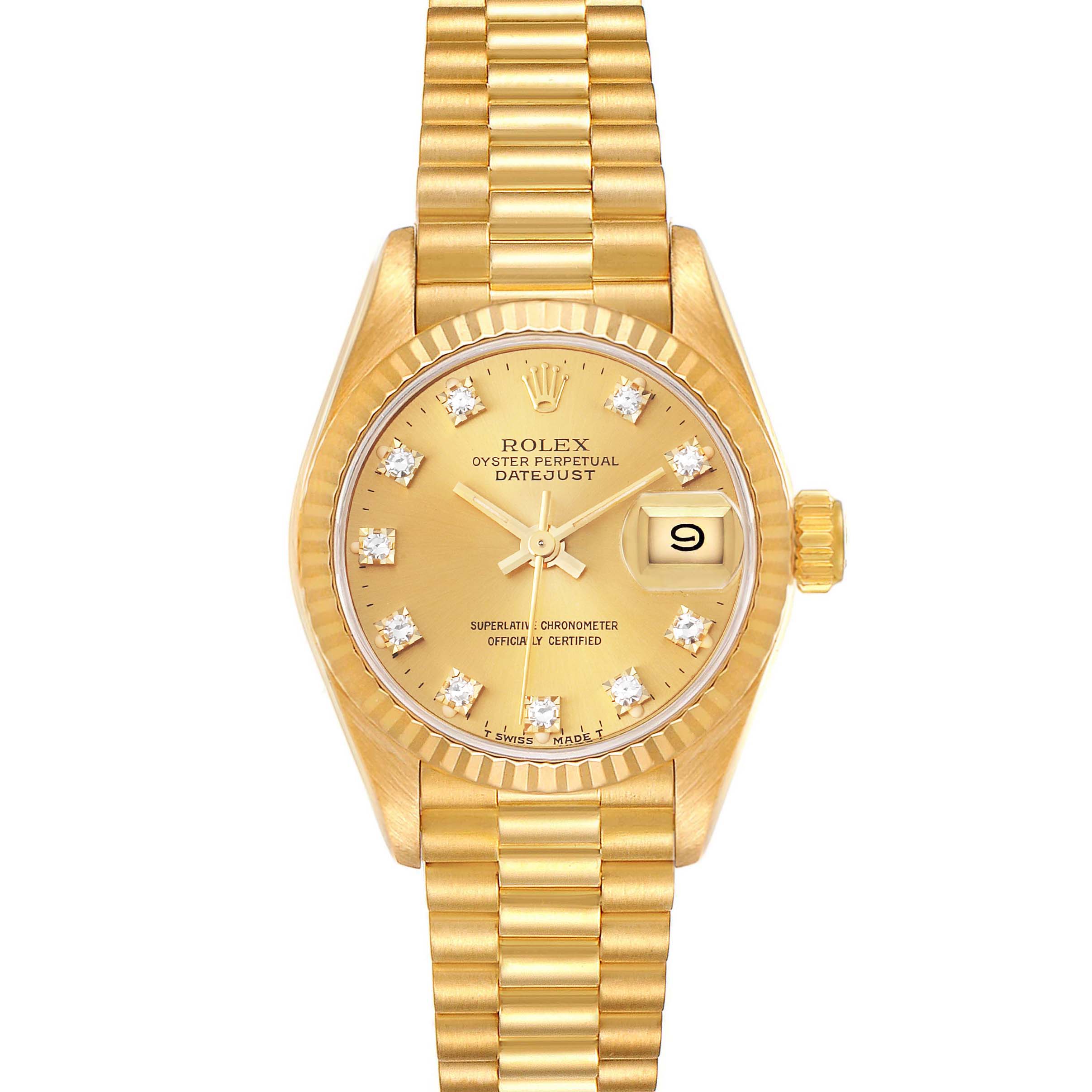 The image shows a frontal view of a Rolex President 69178 Women
s Yellow Gold Champagne Dial 69178 Women
s Yellow Gold Champagne Dial Datejust watch, highlighting its gold case, diamond indices, and day-date display.