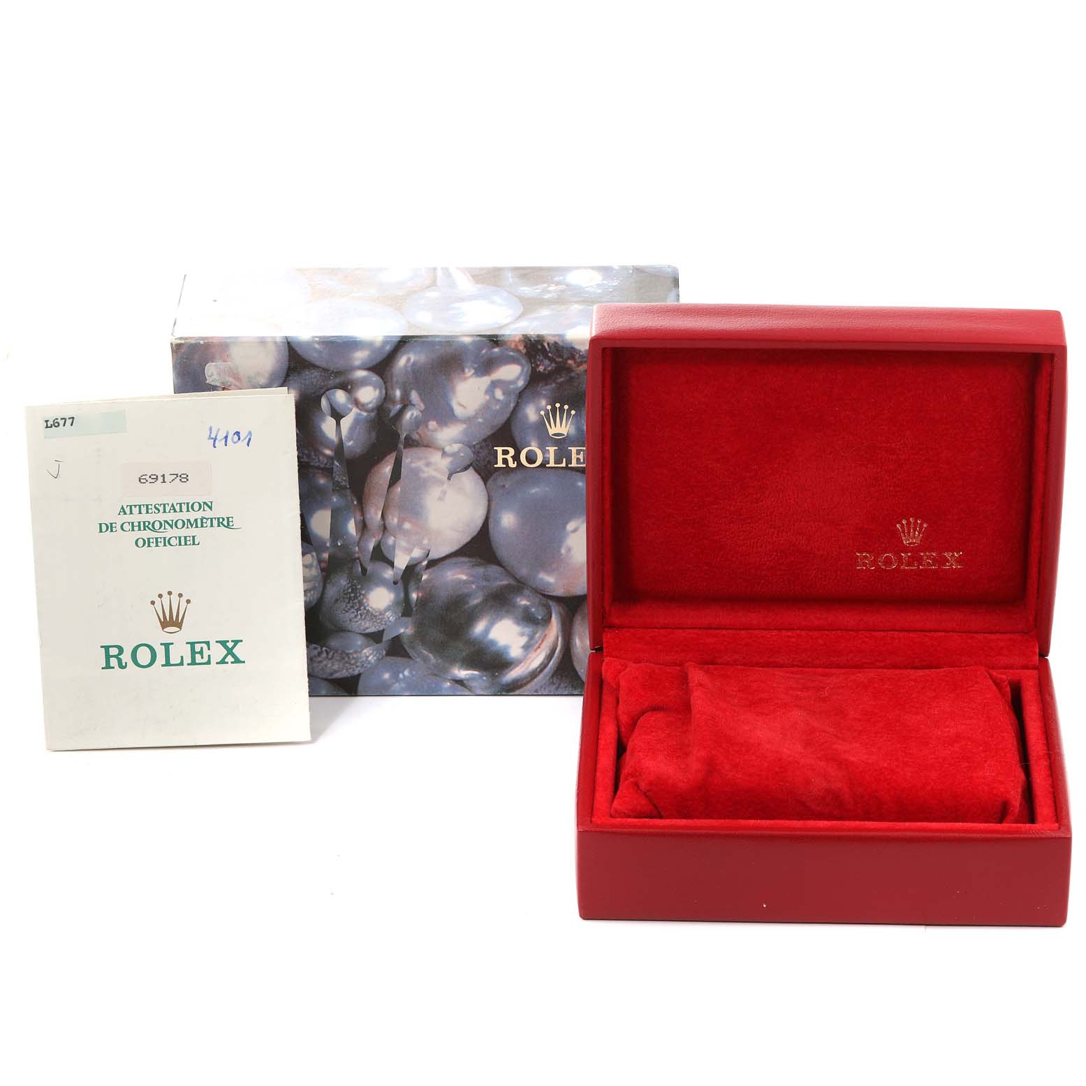The image shows a box and certificate for a Rolex President 69178 Women
s Yellow Gold Champagne Dial 69178 Women
s Yellow Gold Champagne Dial model, with the watch itself not visible.