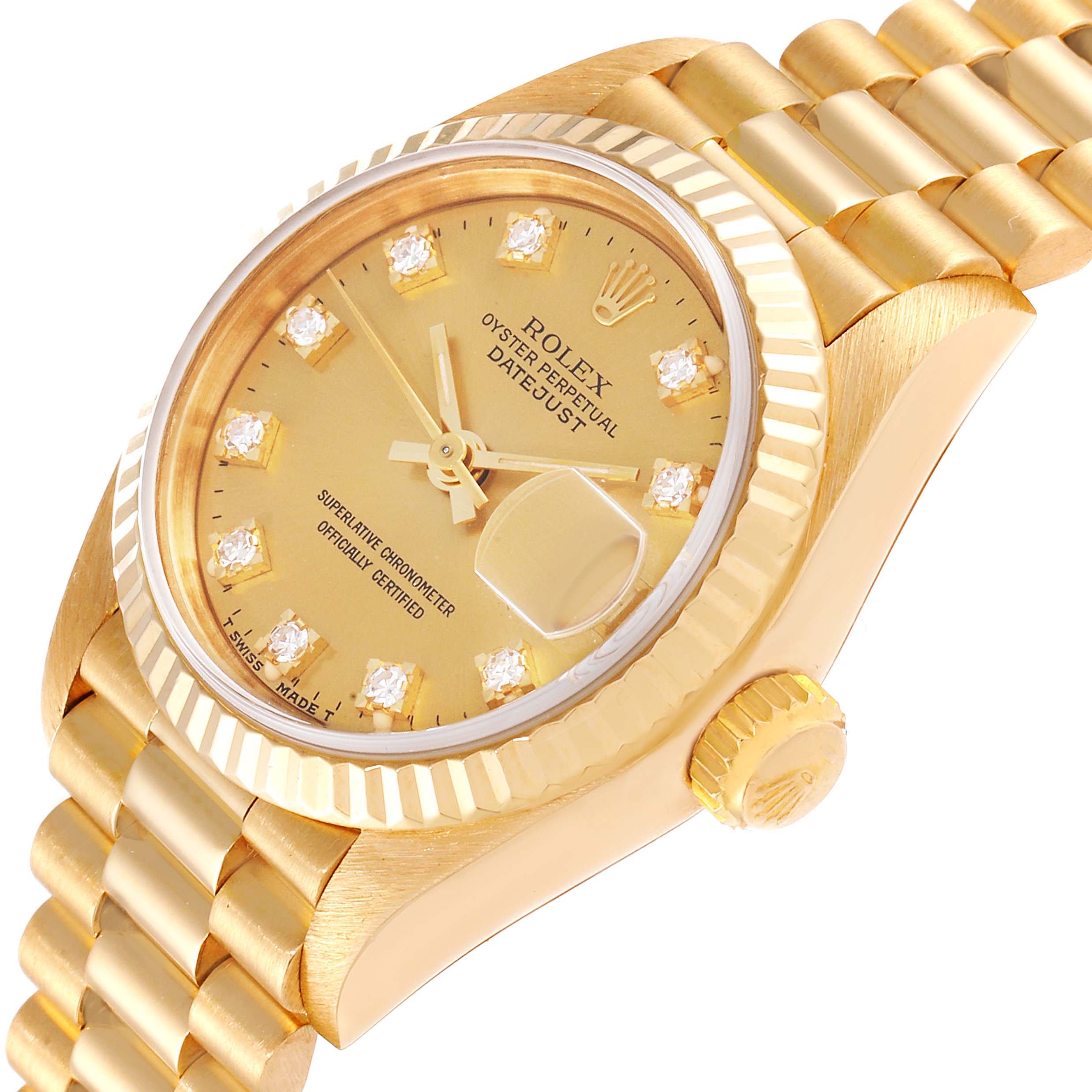 This image shows a close-up of a Rolex President 69178 Women
s Yellow Gold Champagne Dial 69178 Women
s Yellow Gold Champagne Dial model watch, featuring the side, face, and bracelet.