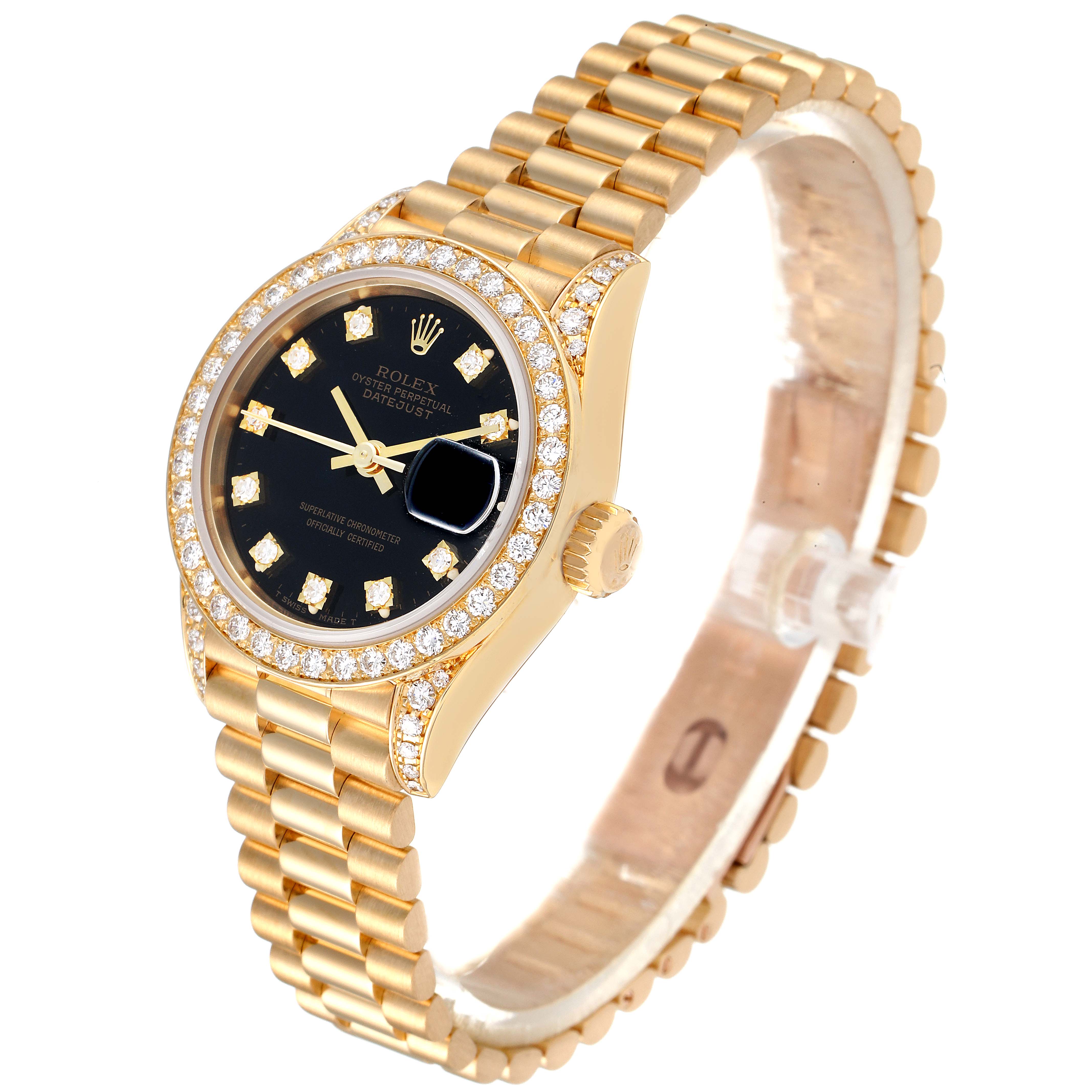 This image shows a Rolex President 69158 Women's Yellow Gold Black Dial 69158 Women's Yellow Gold Black Dial model watch with a gold bracelet, black dial, and diamond bezel, taken from a three-quarter angle.