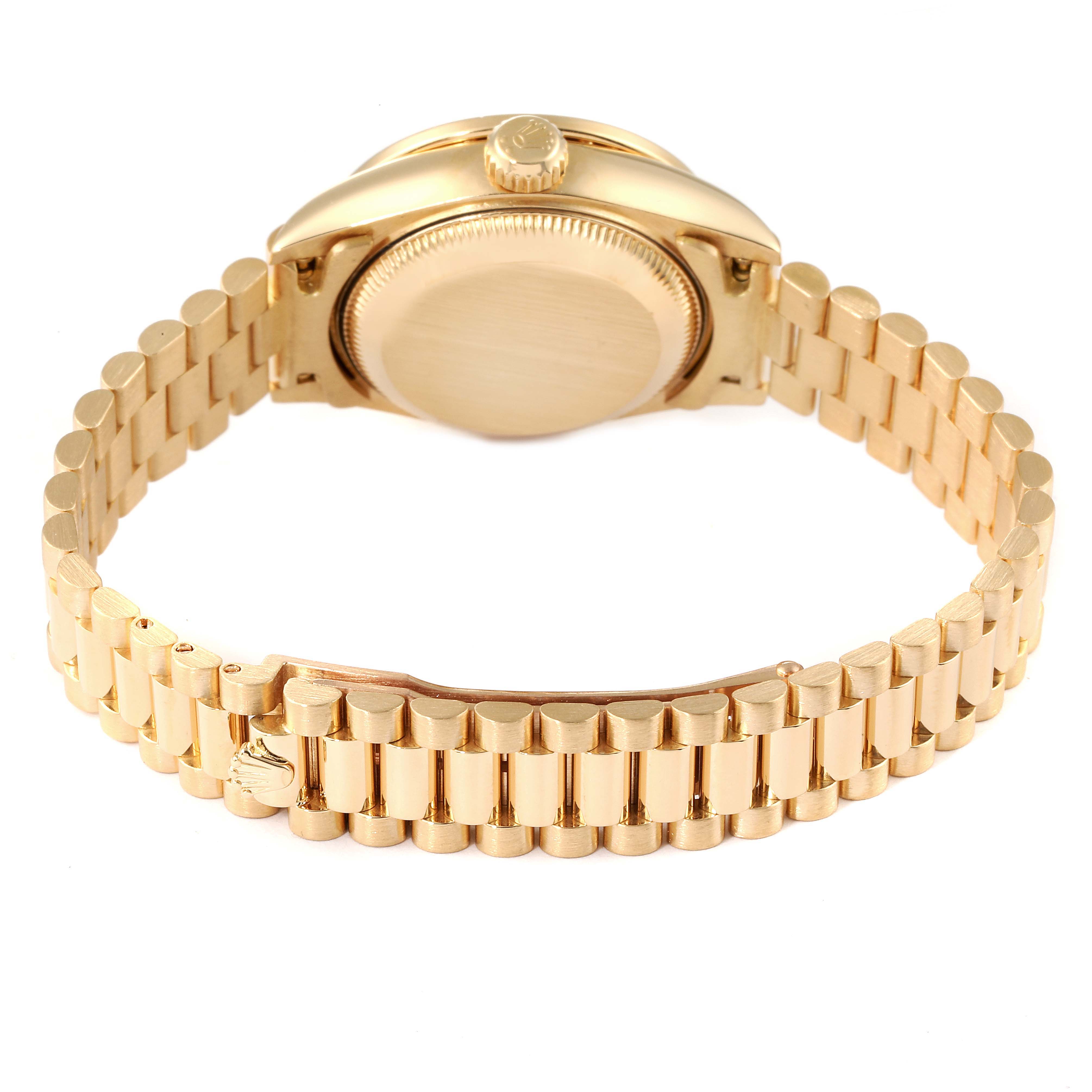 This image shows the back of the Rolex President 69158 Women's Yellow Gold Black Dial 69158 Women's Yellow Gold Black Dial model with its gold bracelet and a closed case back.