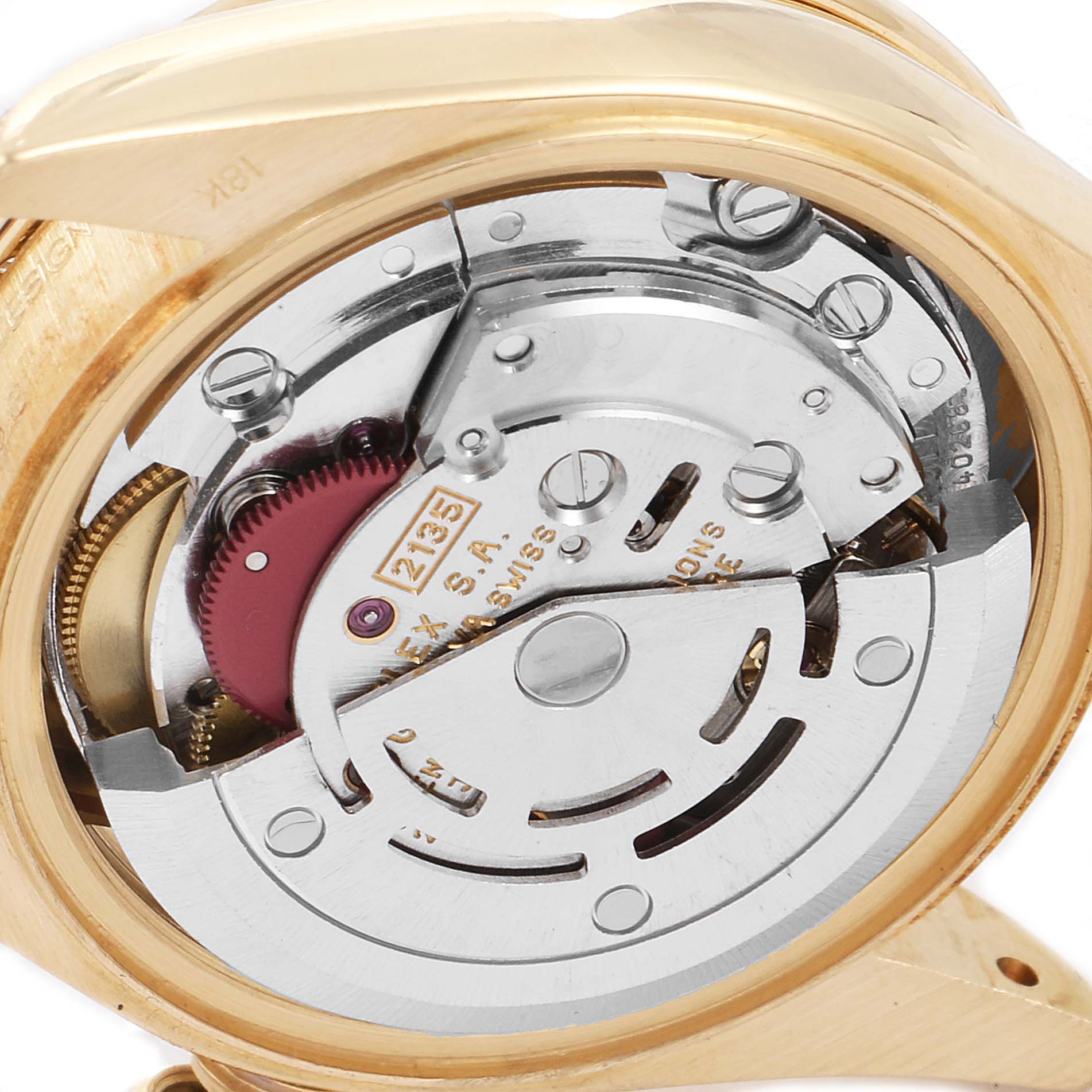 This image shows the internal mechanism and movement parts of the Rolex President 69158 Women's Yellow Gold Black Dial 69158 Women's Yellow Gold Black Dial model watch from a back view.