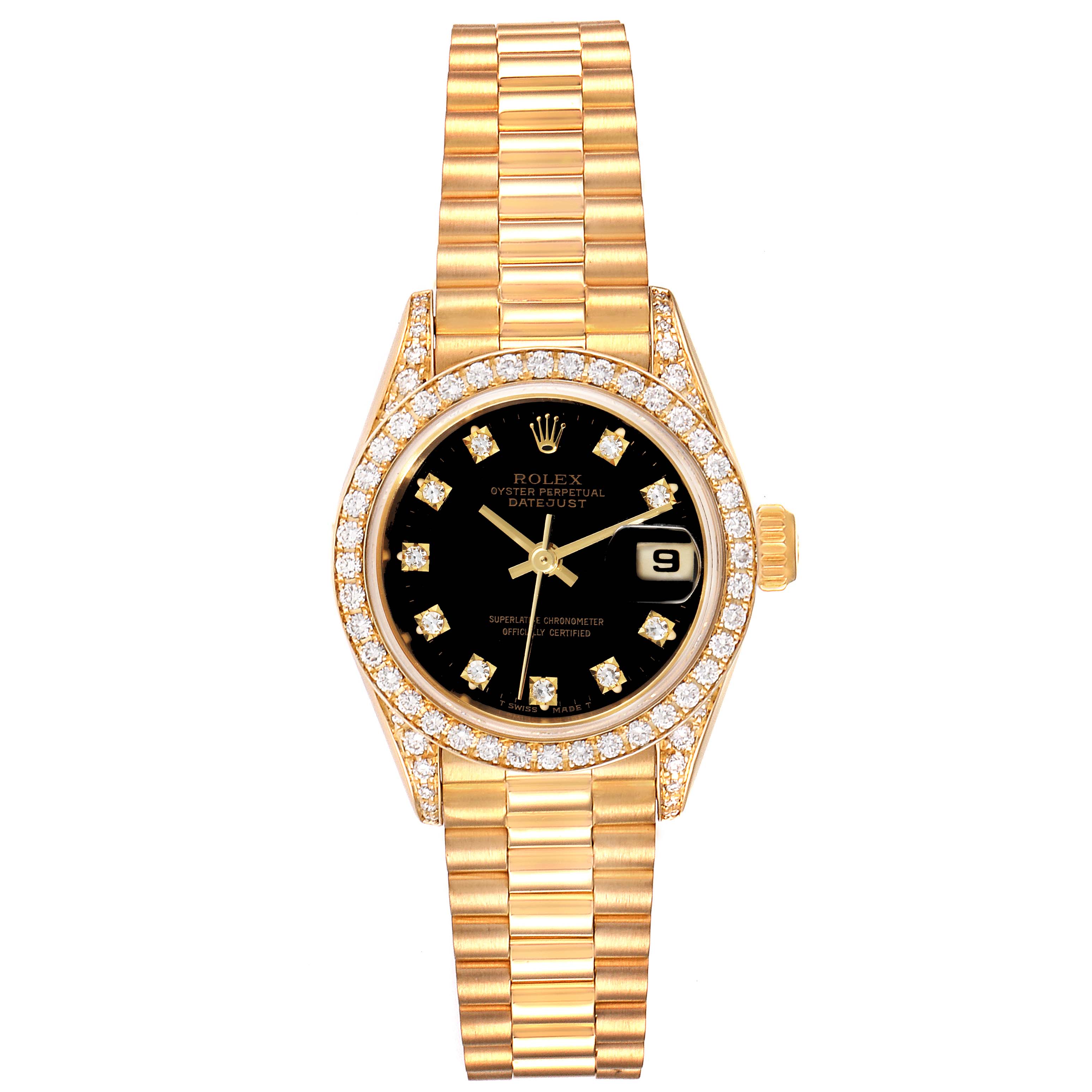 The Rolex President 69158 Women's Yellow Gold Black Dial 69158 Women's Yellow Gold Black Dial watch is shown from a top-down angle, displaying its gold bracelet, diamond-studded bezel, and black dial.