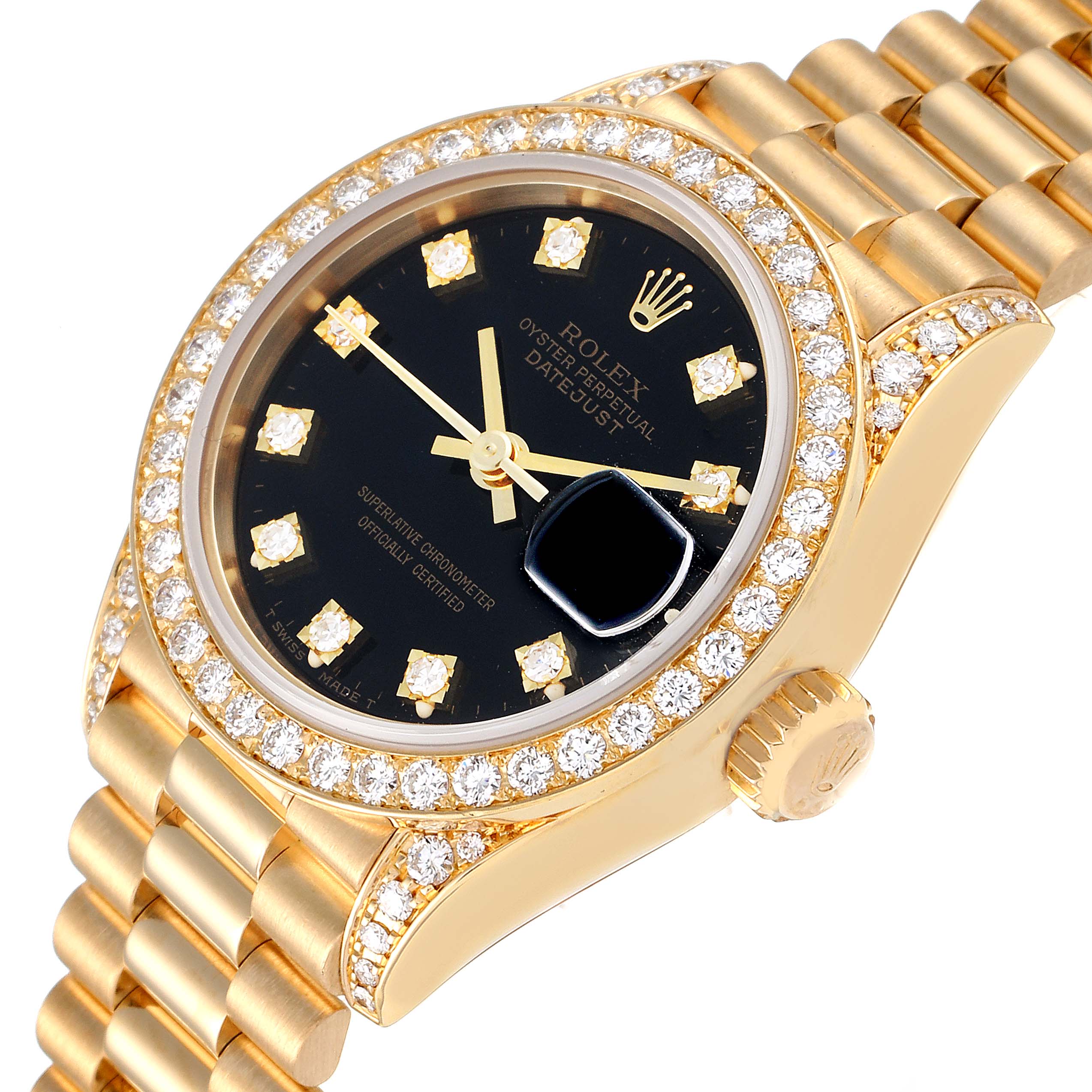 The image shows a close-up of a Rolex President 69158 Women's Yellow Gold Black Dial 69158 Women's Yellow Gold Black Dial model watch, highlighting the black dial, diamond bezel, and gold bracelet.
